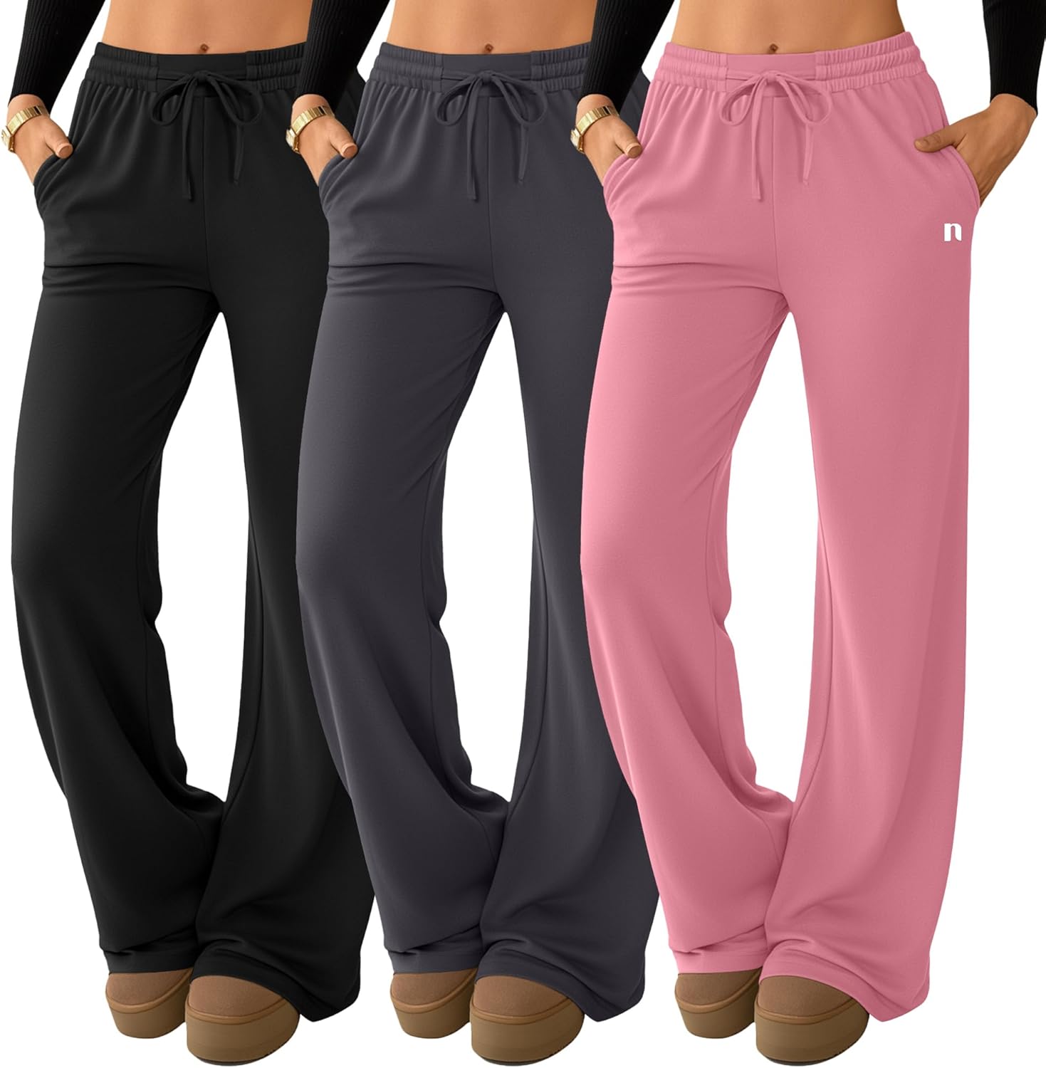 Neer 3 Pack Women's Wide Leg Palazzo Pants, Lounge High Waisted Pants Casual Pajama Bottoms Trouser with Drawstring Pockets