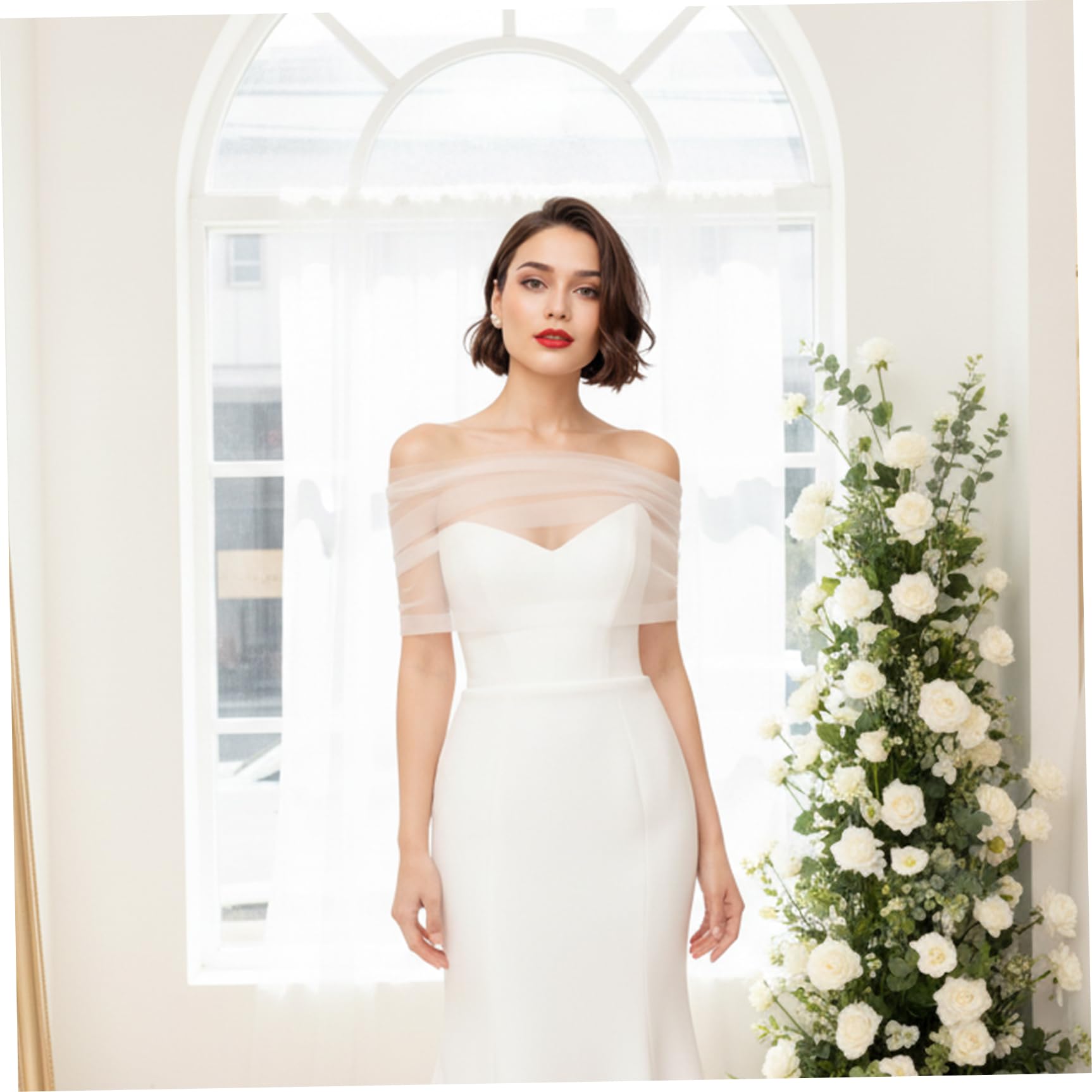 Scialle da sposa, elegante scialle trasparente con spalle scoperte e maniche staccabili, coprispalle in tulle per la sposa