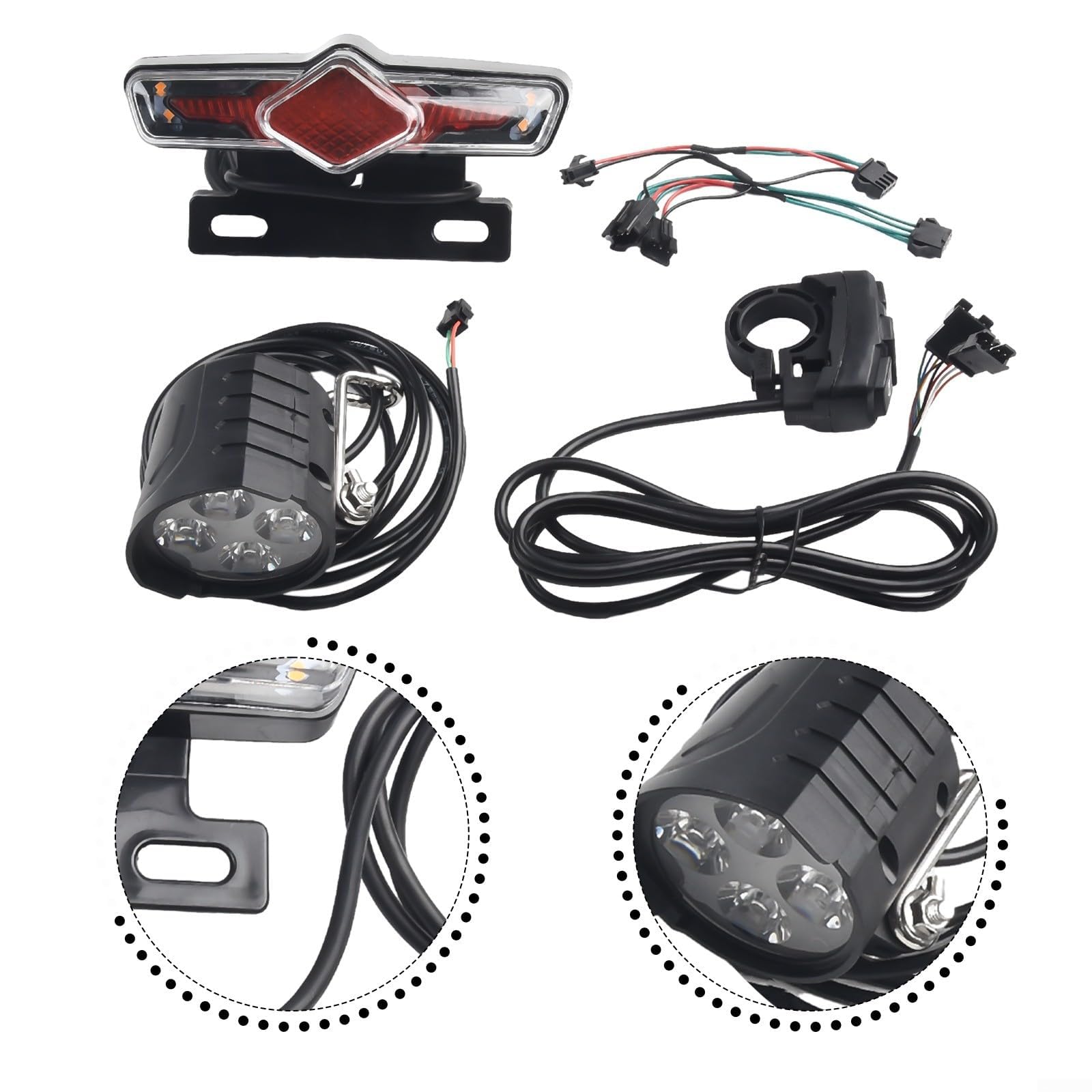 Set di luci a LED per Bici elettriche, luci Anteriori e Posteriori, Cavo Interruttore DK336, 36-60 V, Impermeabile IPX4, Controllo clacson per Bicicletta elettrica, retrofit Fit