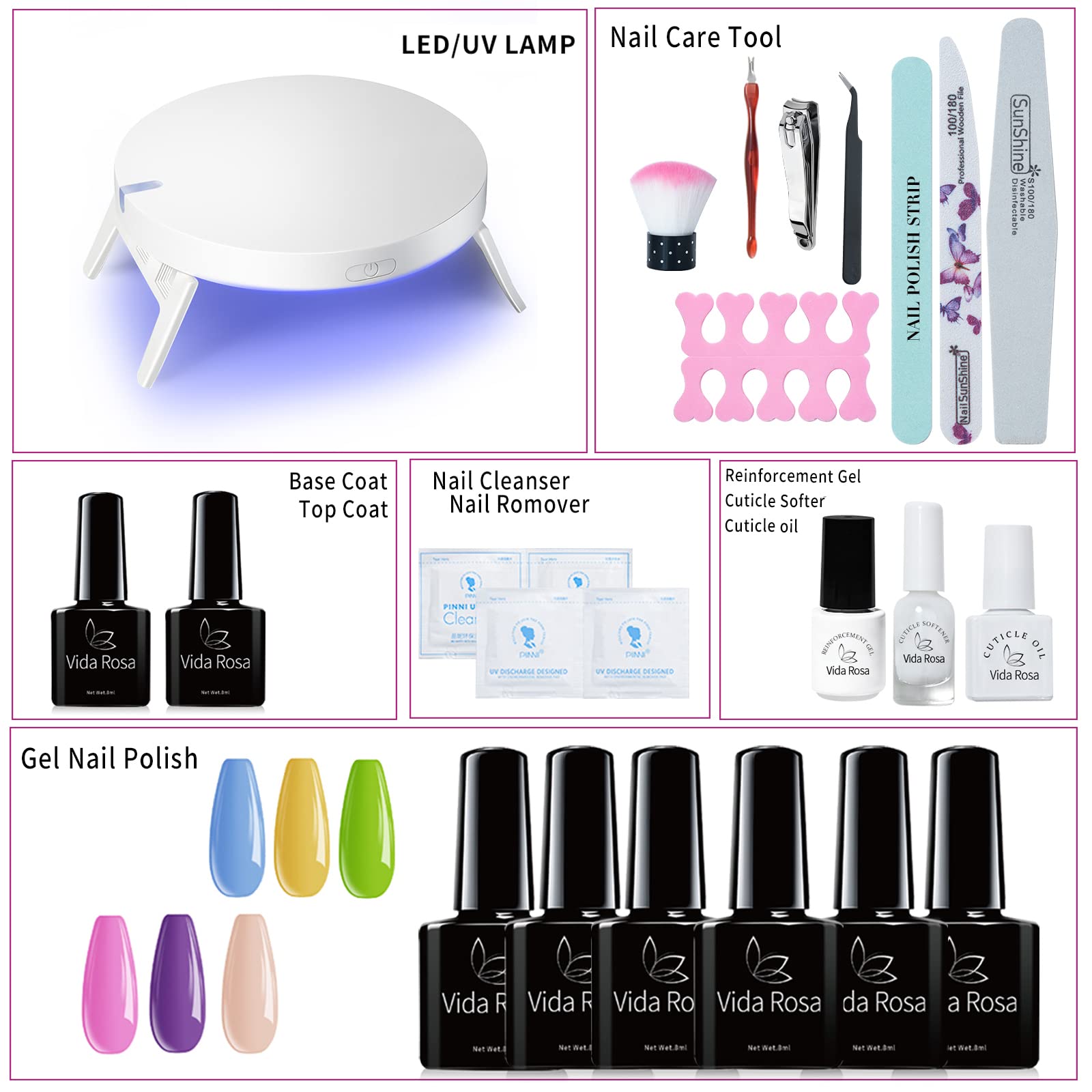 Vida Rosa Gel-Nagel-Set mit UV-LED-Lampe, Starter-Komplettset, 6 Farben, 8 ml, Gel-Nagellack, glänzender Decklack und Unterlack, Glitzer-Nagelkunst-Dekorationen, Maniküre-Werkzeuge, komplettes Set…