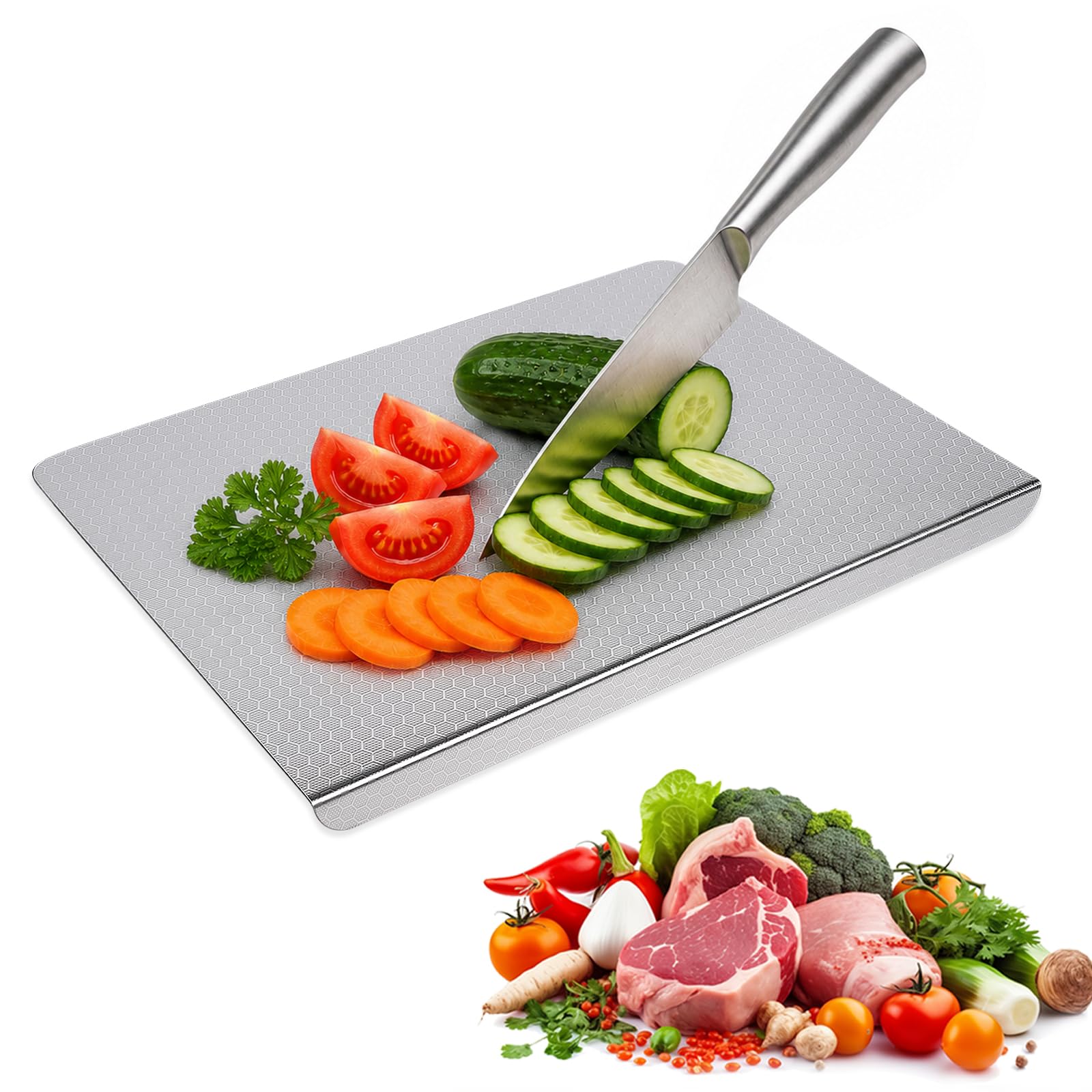 304 Stainless Steel Cutting Board for Kitchen - L-Shaped Double-Sided Chopping Board for Meat, Fruits, Vegetables, Bread Dough Baking, Upgraded Honeycomb Panel, Dishwasher Safe - 50x40cm