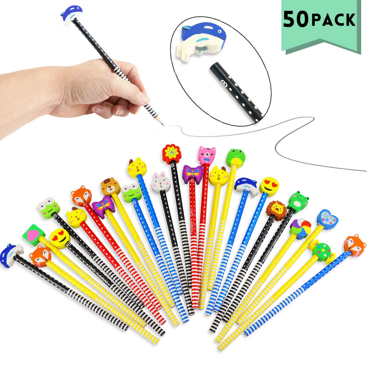 Etmact 50 Pack Assorted Colorful Cartoon Animal Pencil With Eraser Novelty Dot Stripe Giant Eraser Topper Kids Pencils 1 Pencils Amazon Com Au