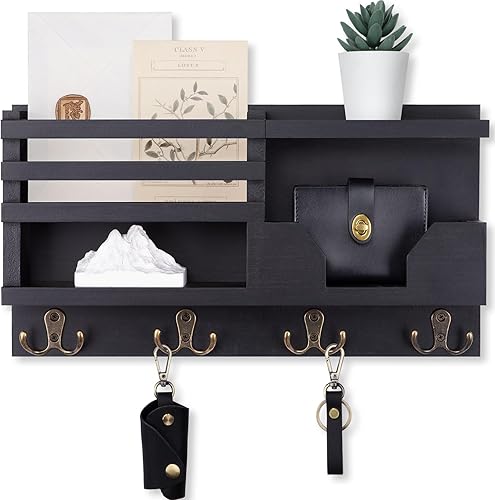 Miniatura 8 de Soporte decorativo para correo y llaves para pared, organizador decorativo de entrada de 15.9 x 8.7 x 3.2 pulgadas con estante, madera de paulownia
