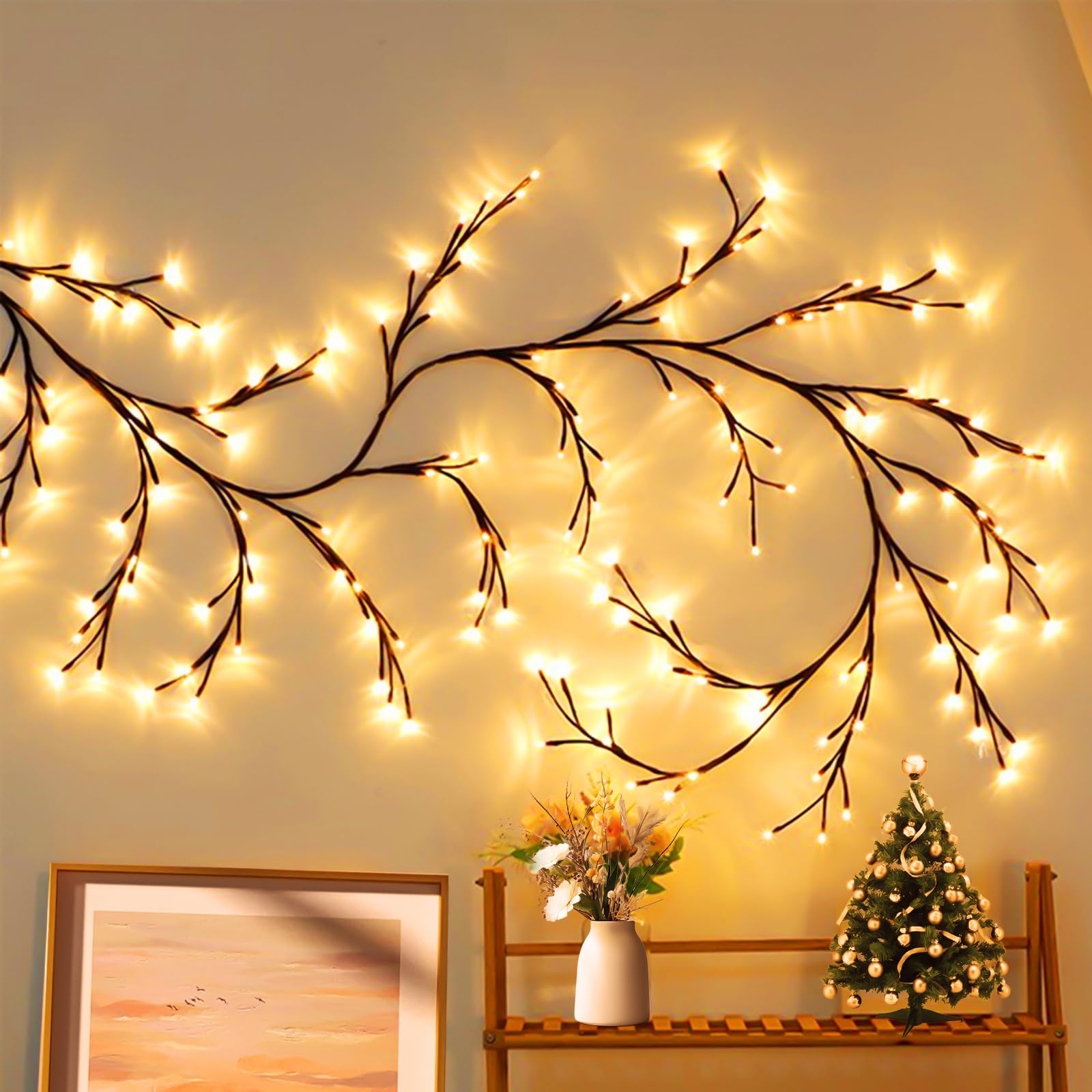 Ramas de Luces Led para Interior, Guirnalda de Luces Willow Vine, 144 Ledes Ramas Artificiales Flexibles Luces, Vid de Sauce Iluminada para Decoración de Habitaciones, Dormitorio, Salón, Hogar, Pared