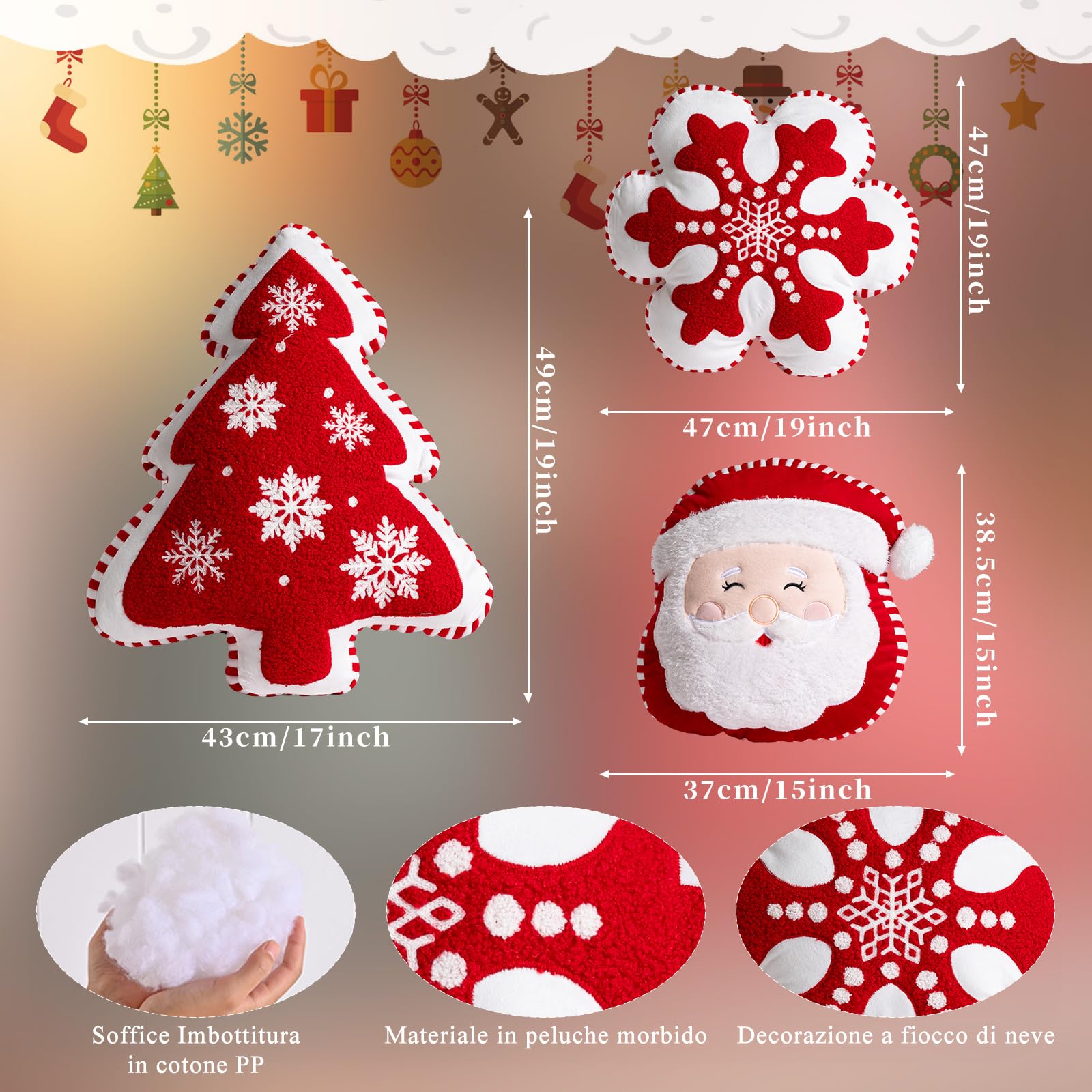 Lanpn Set di 3 Pezzi Cuscino Natalizio, Cuscini Decorativo Natalizio Cuscinis decorativo invernale - Albero di Natale, Fiocchi di neve, Babbo Natale per Divano Decorazioni natalizia (Rosso)
