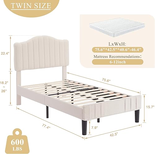 Miniatura 2 de VECELO Base de cama individual tapizada con cabecera de tela de peluche ajustable en altura, listones de madera fuertes que soportan 7.9 pulgadas