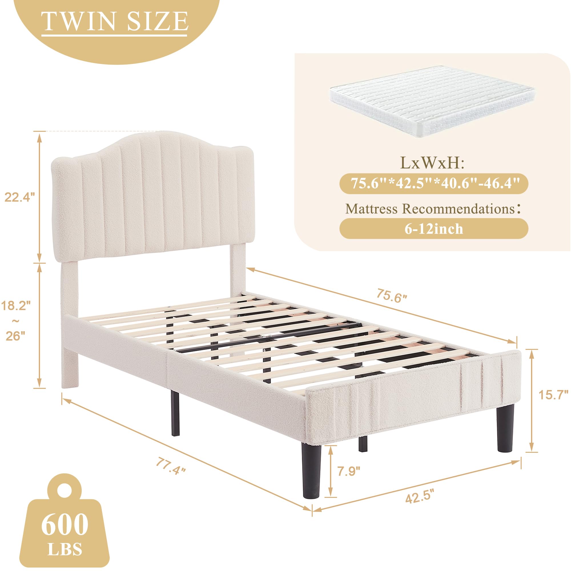 Amazon.com: VECELO Twin Bed Frame Upholstered Platform Bed