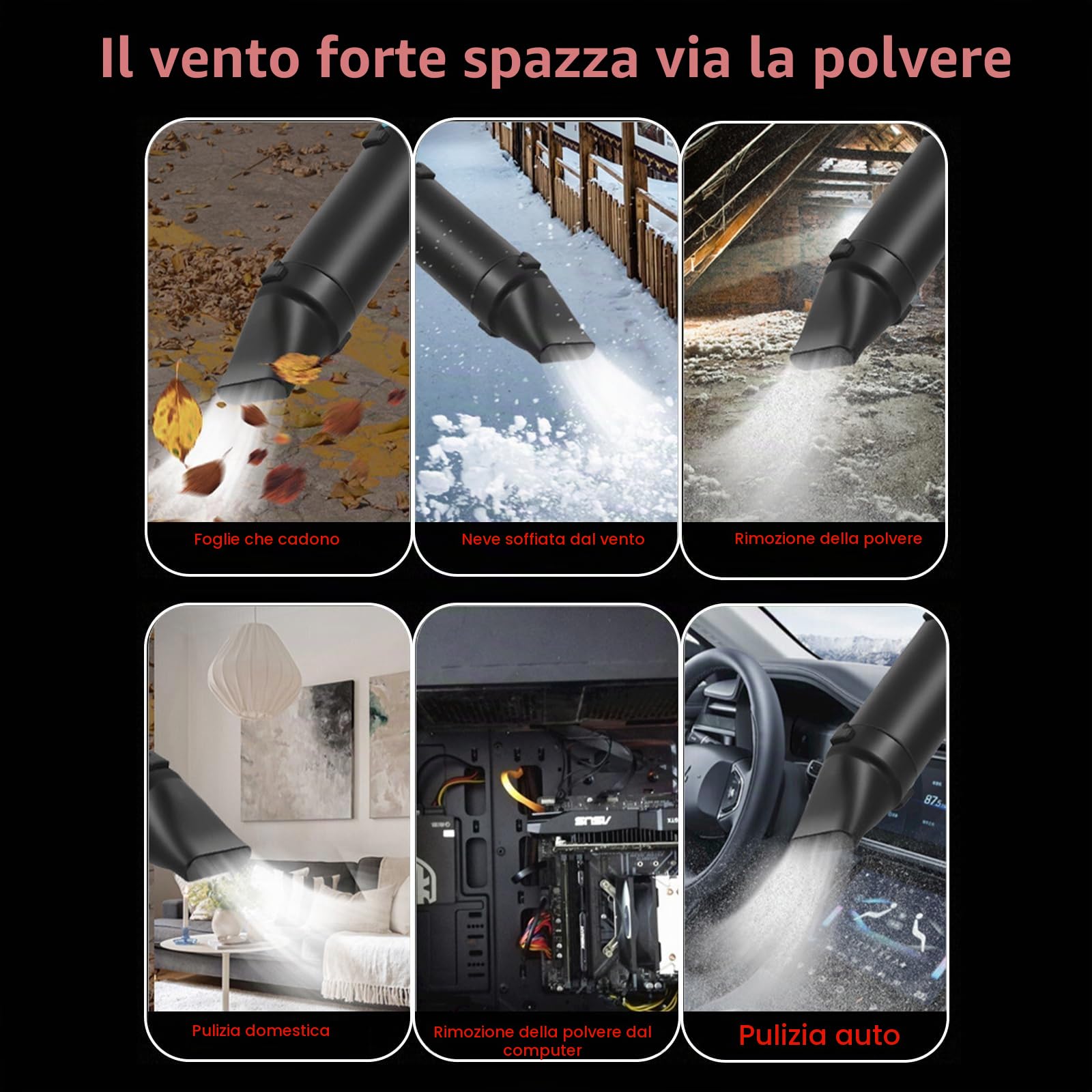 Asciugacapelli Ad Alta Potenza da 35.000 Giri/Min, Senza Fili Ventilatore Turbo Elettrico Super Potente, Soffiatore Portatile per La Rimozione Della Polvere, per La Pulizia Del Giardino (+3 Nozzles)