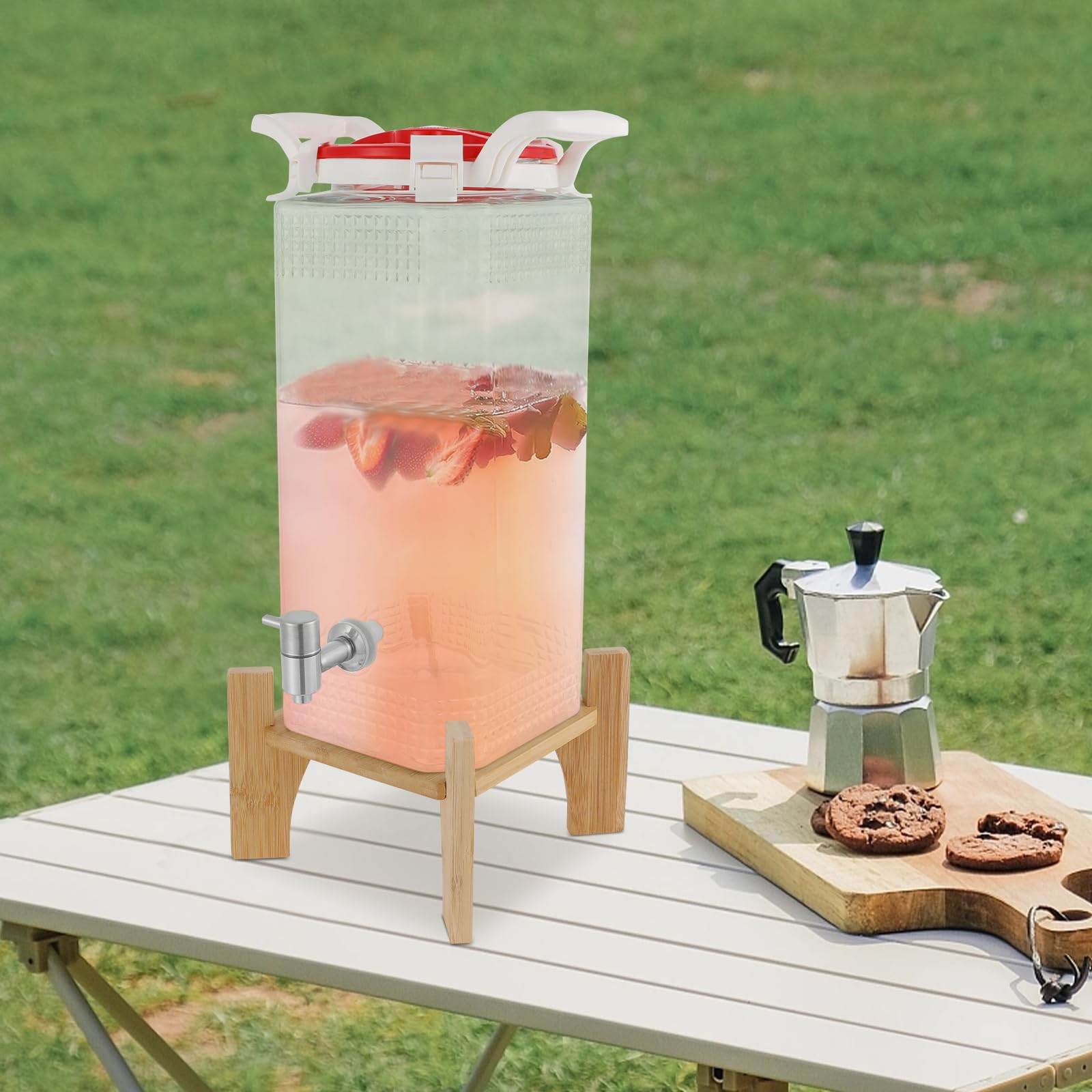 Dispenser per bevande in vetro con supporto, 10 l, dispenser per bevande calde e fredde, con rubinetto in acciaio inox 304, erogatore di succhi (28 x 46 cm)