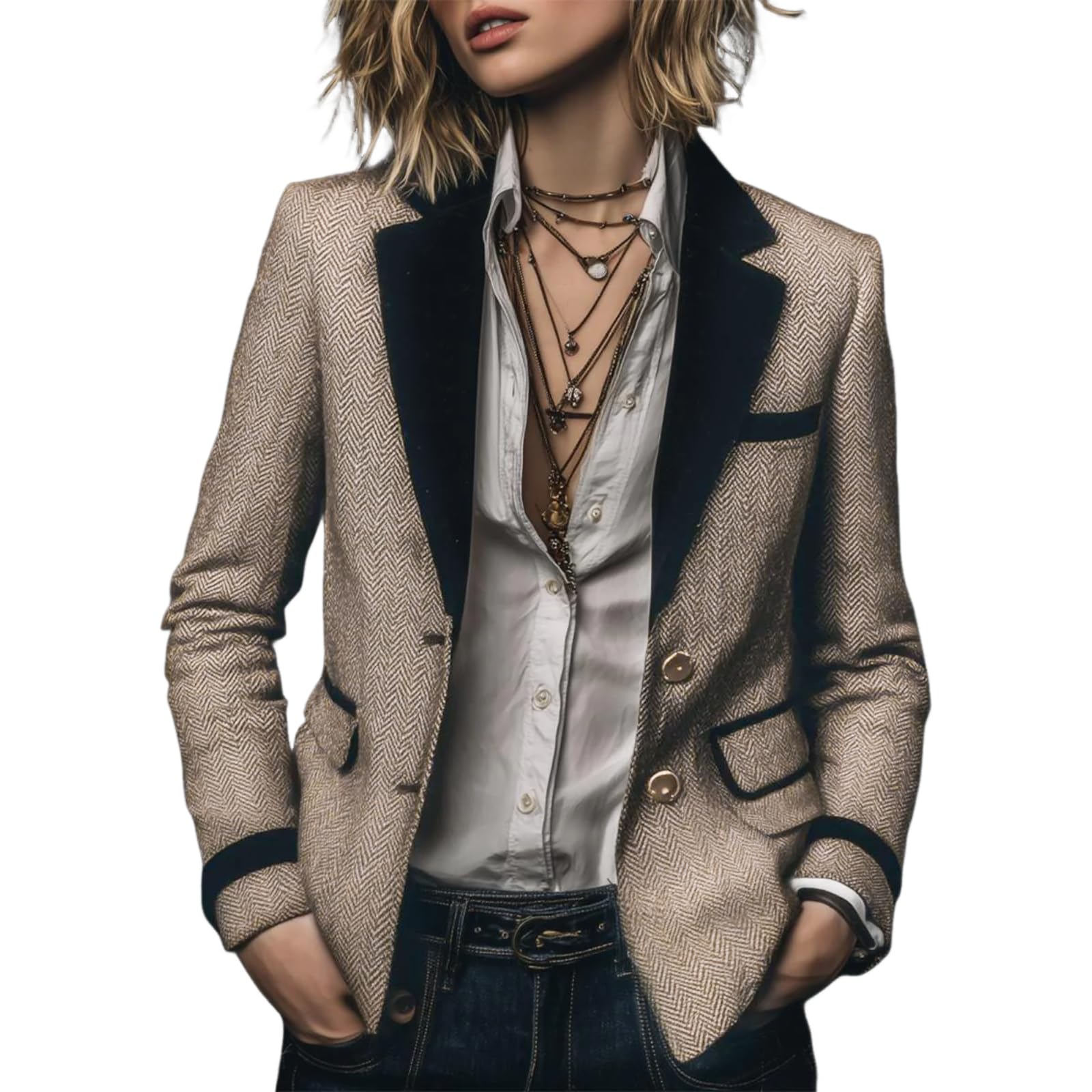 Womens Cropped Tweed Blazers Jacket Button Down Business Casual 2025 Fall Outfits Winter Coats with Front Pocekt