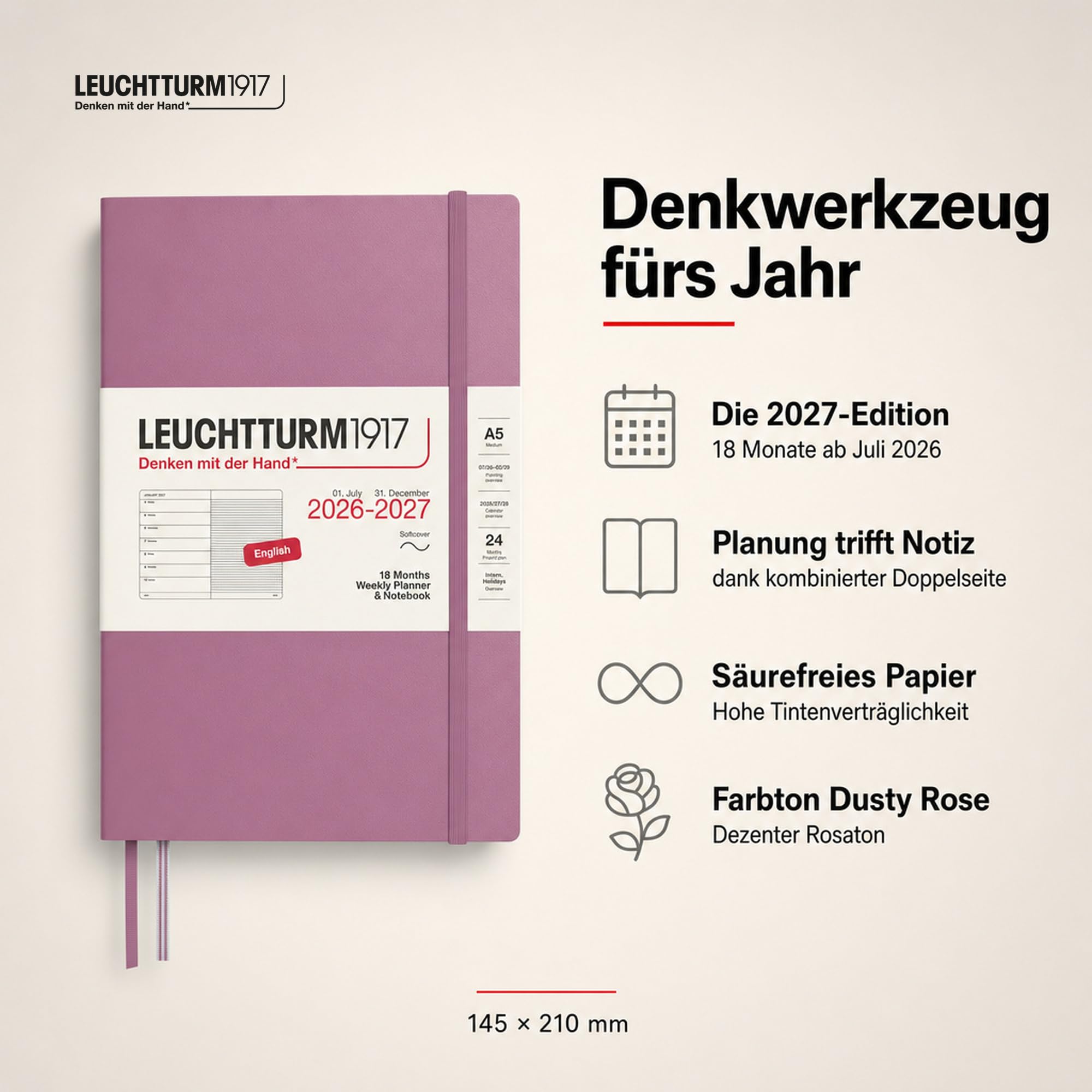 LEUCHTTURM1917 - Agenda settimanale e taccuino con copertina morbida, formato A5, 18 mesi, luglio 2026 - dicembre 2027, inglese, rosa antico