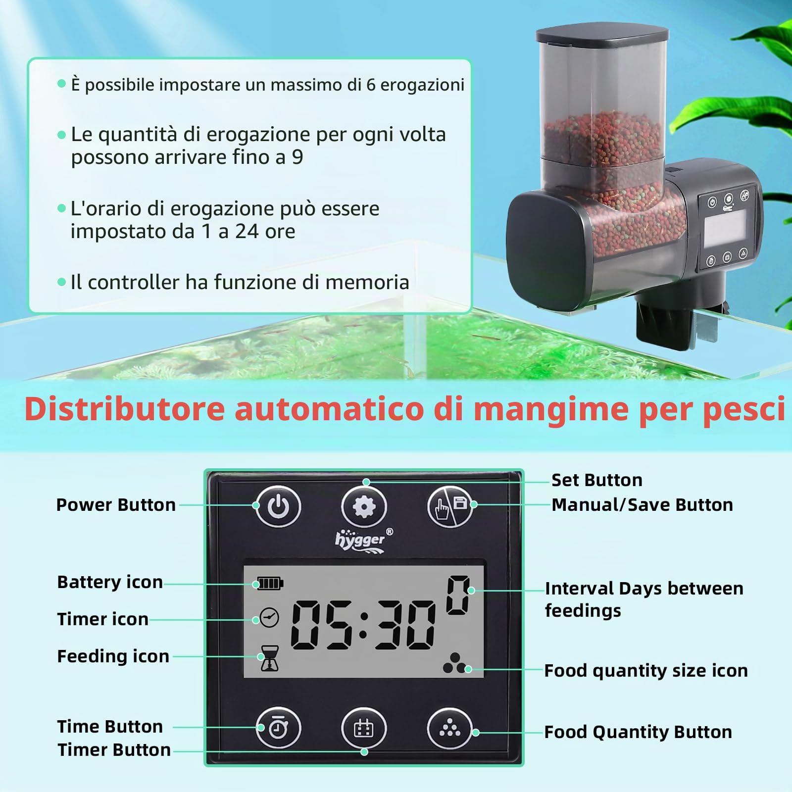 hygger Mangiatoia Automatica Acquario Pesci,500ml Alimentatore Automatico per Acquario con Display LCD Controller, Automatic Fish Feeder for Weekend Holiday(Battery Not Included)