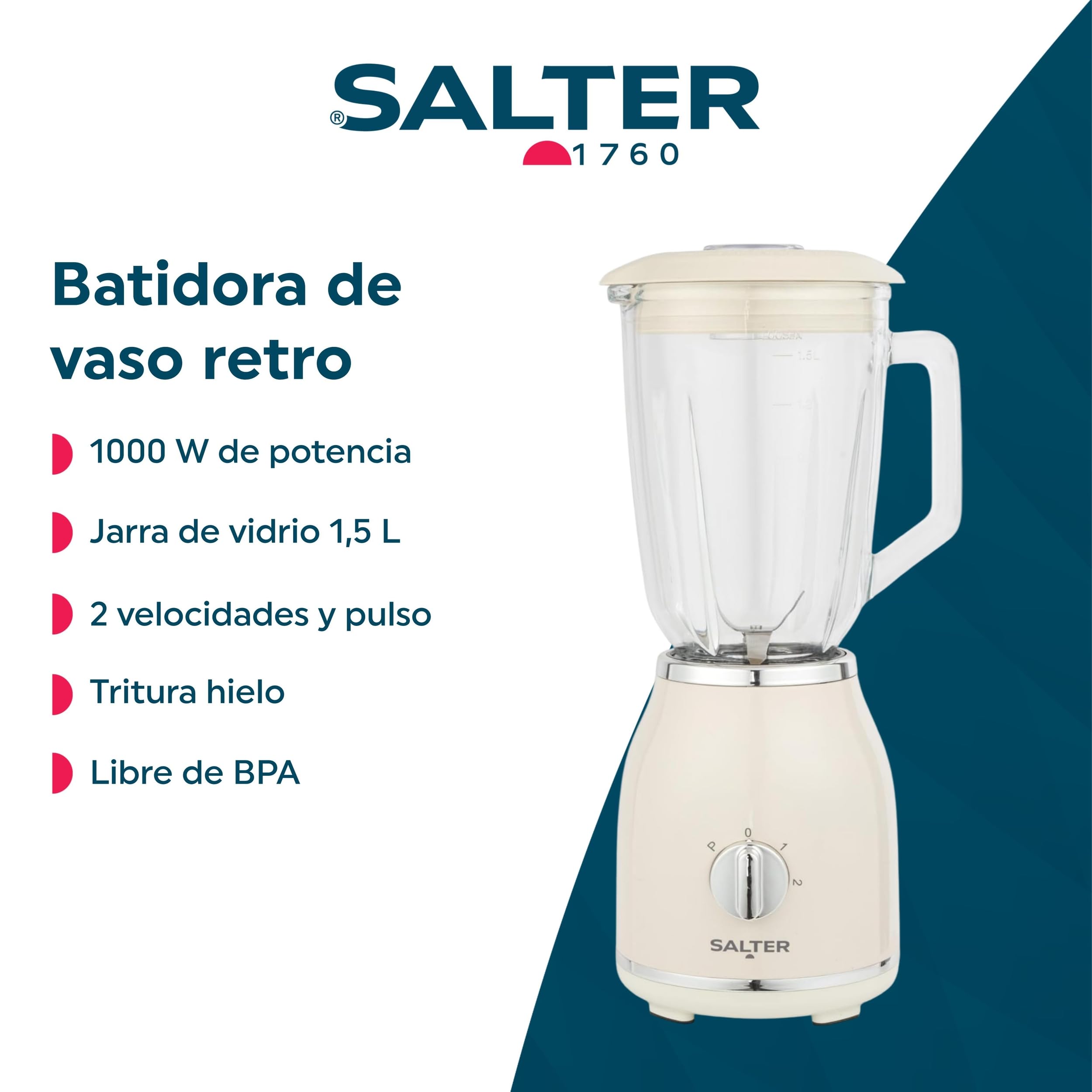 Salter Retro Cream Jug Blender - Jarra de vidrio extraíble libre de BPA de 1,5 litros, 2 velocidades y función de pulso, cuchillas cruzadas de acero inoxidable, base antideslizante, 1000 W