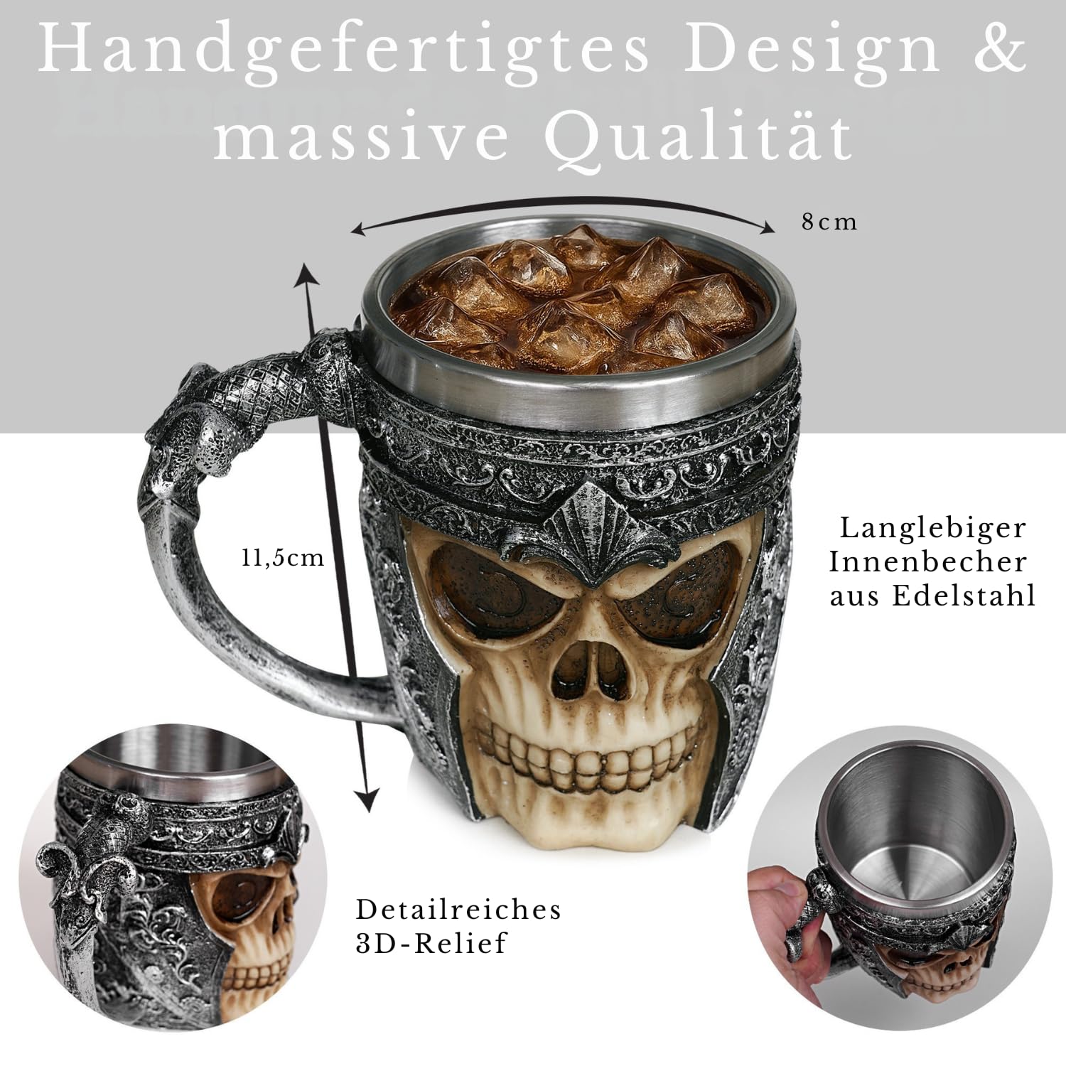 Geschenkehöhle Birinci sınıf 3D kuru kafa fincan paslanmaz çelik kahve, çay, Cappuccino, bira gibi içecekler için I Viking Skull Head kupası iskelet kafatası tasarımlı görünüm (1)