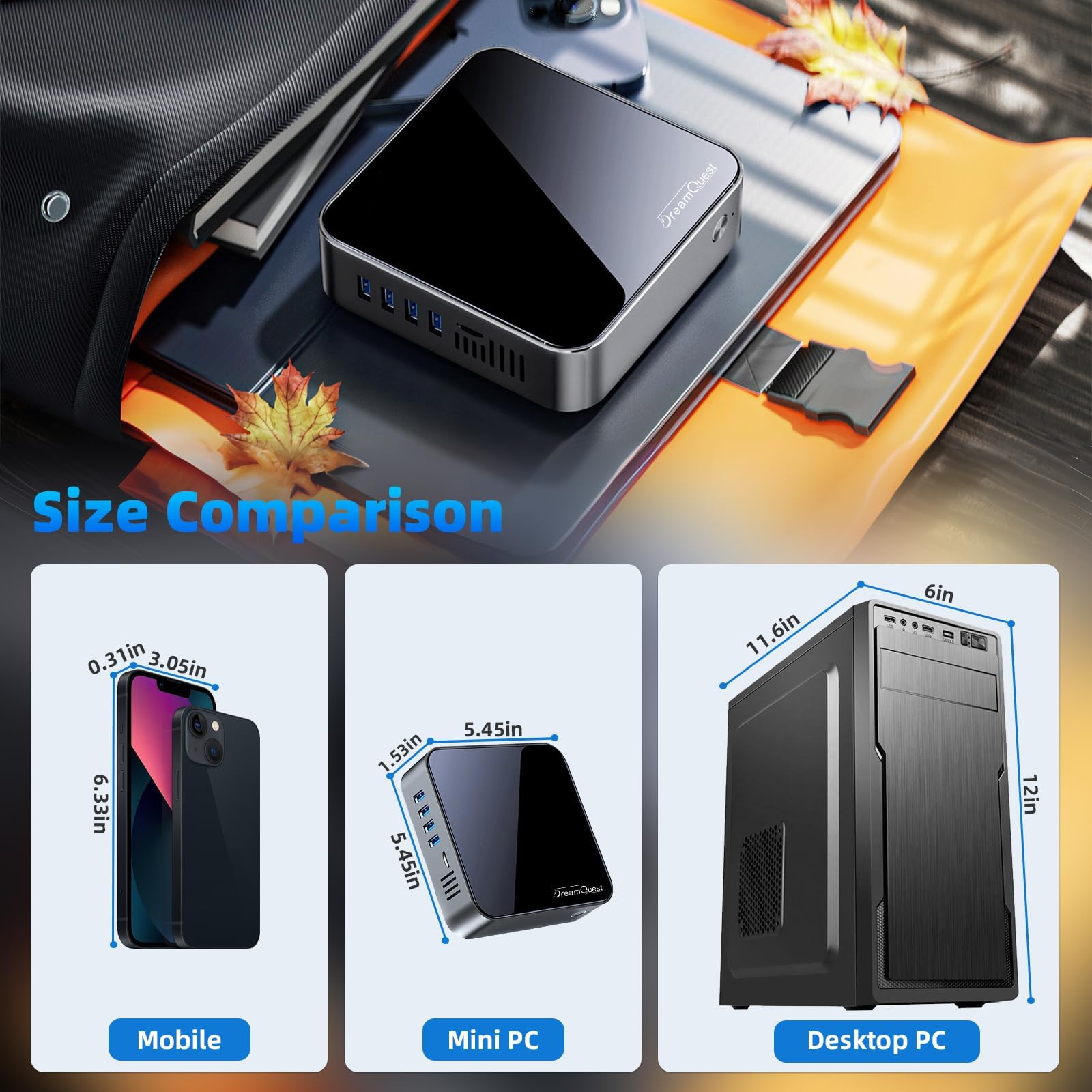 DreamQuest Mini PC Windows 11 Pro vorinstalliert12.Gen N95(bis zu 3,4GHz) 32GB DDR4 RAM 1TB M.2 SSD Micro Desktop Computer,4K HDMI/USB 3.2/Gigabit Ethernet/WiFi 5/für Business Heimkino