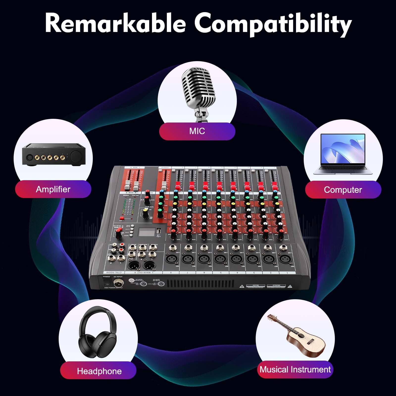 Mixer Audio Mixer 8 Canali Professionale con Bluetooth USB, Mixer 8 Ingressi Microfono Alimentazione Phantom 48V, Equalizzatore 3 Bande Fader Preciso per Karaoke Studio Scena