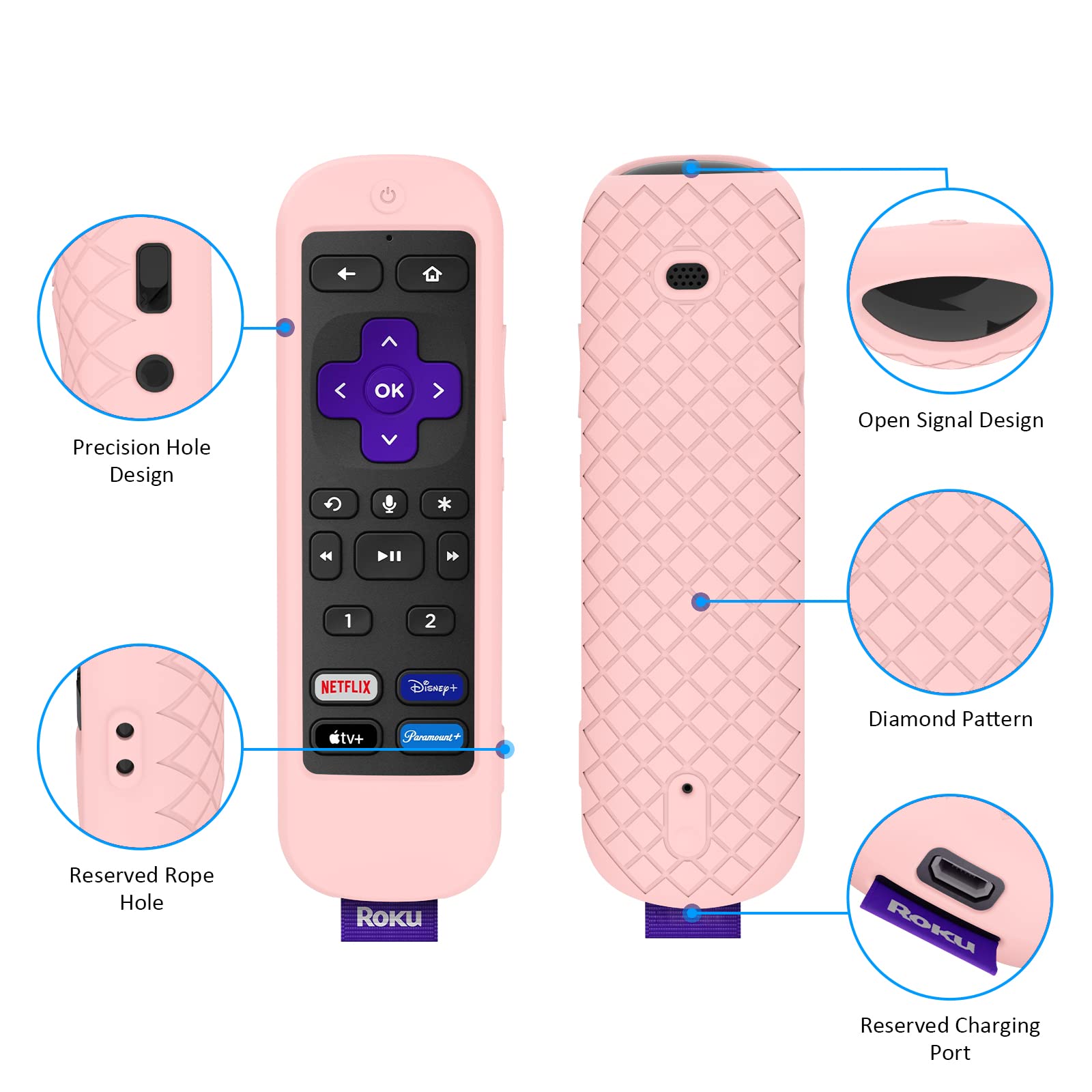 Rosa Schutzhülle Mit Band Für Roku Voice Remote – Offizieller Ersatz, Weich Und Stylisch