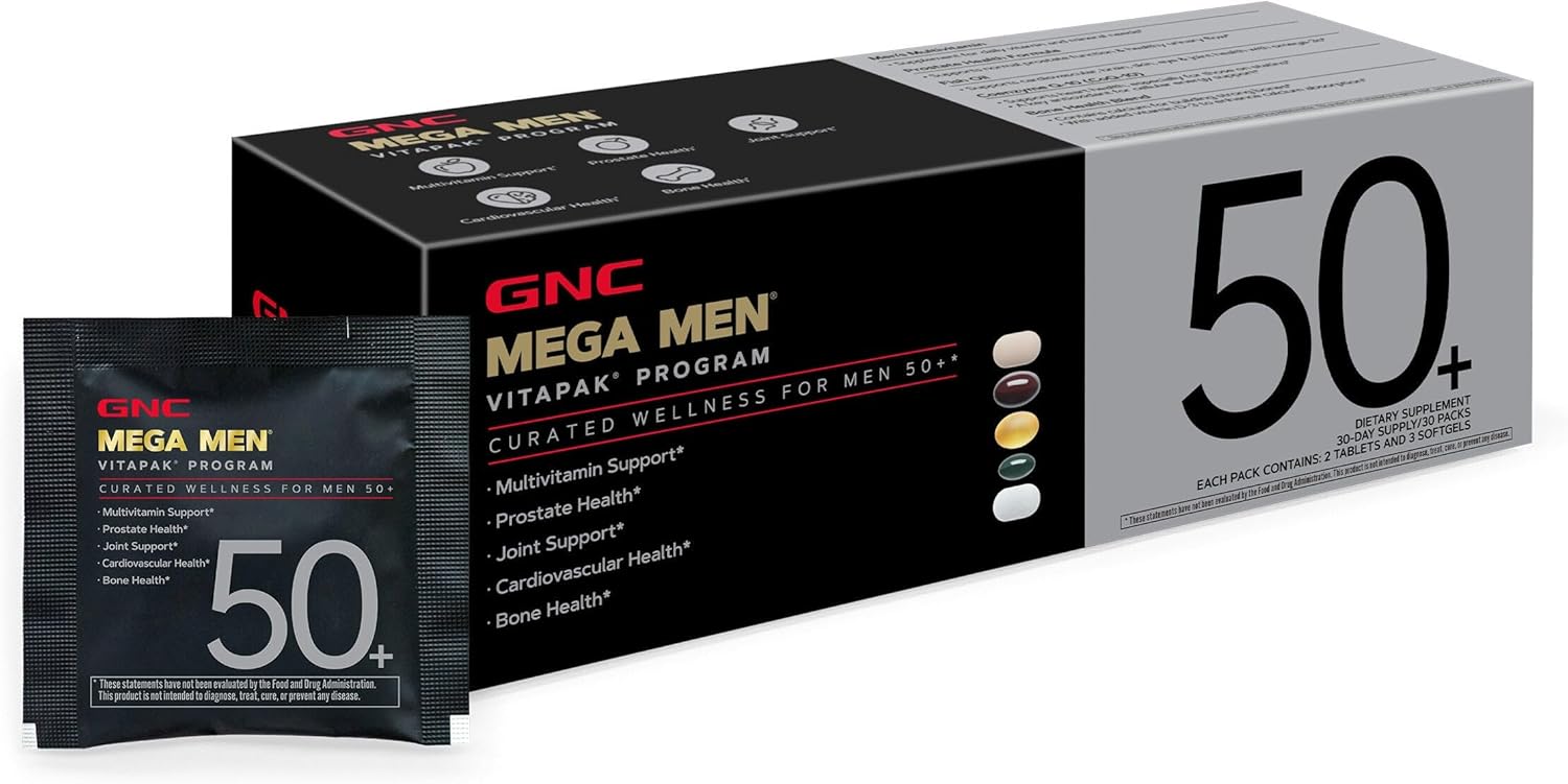 GNC Mega Men 50+ Vitapak, 5-in-1 Multivitamin Pack, Energy Production, Men's Health, 30 Servings