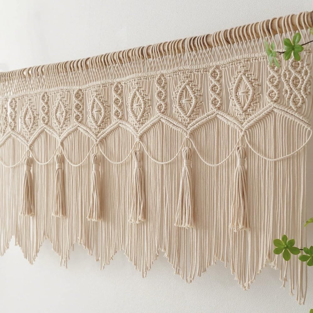 Rideaux en macramé beige bohème avec pompons tissés à la main - Rideau de porte de cuisine moderne pour balcon et suspension murale
