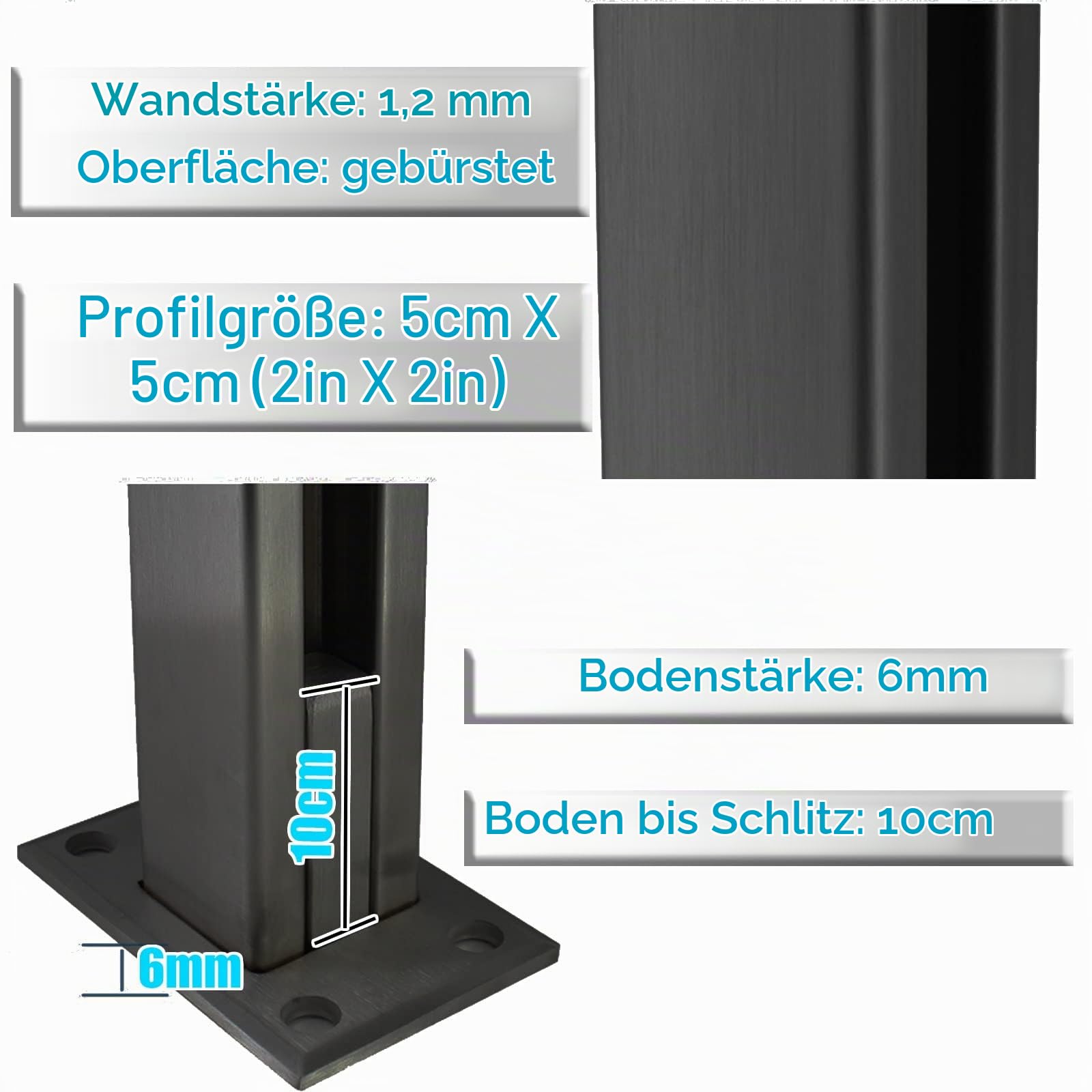 Glasgeländer Glasklemmen Pfosten Mit Schwarzen Paneelen Für Pool, Terrasse/Patio/Flur, Edelstahl 5x5cm Quadratischer Geländerzaun, Für 10-12 Mm Basisschienenhalterungen Aus Gehärtetem Glas, Mittel ( C