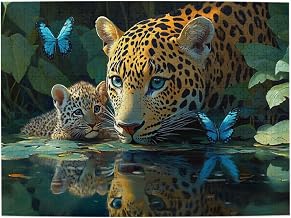 500 Pieces Adult Wooden Jigsaw Puzzle, Two Cheetahs at Water'S Edge, Green Leaves, Blue Wings, Jungle Atmosphere,Vibrant and Unique Design, Wild Animals in Habitat.