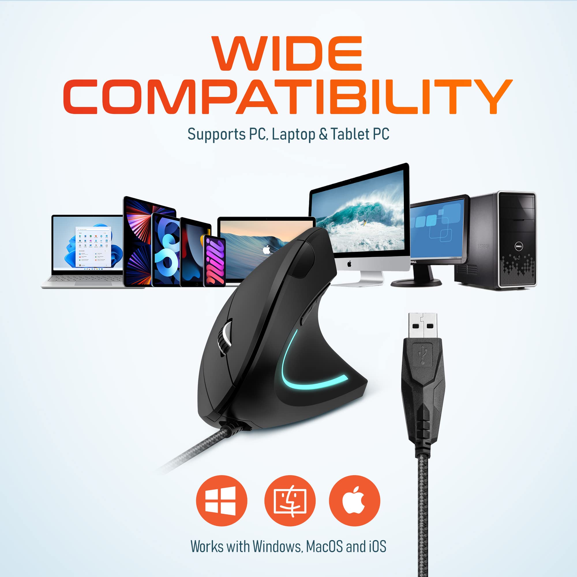 Delton Mouse ergonomico verticale cablato S12, 6 pulsanti, 3 livelli DPI regolabili (800/1200/1600) e rotella di scorrimento 3D, compatibile per PC, laptop, Mac, Chromebook – nero