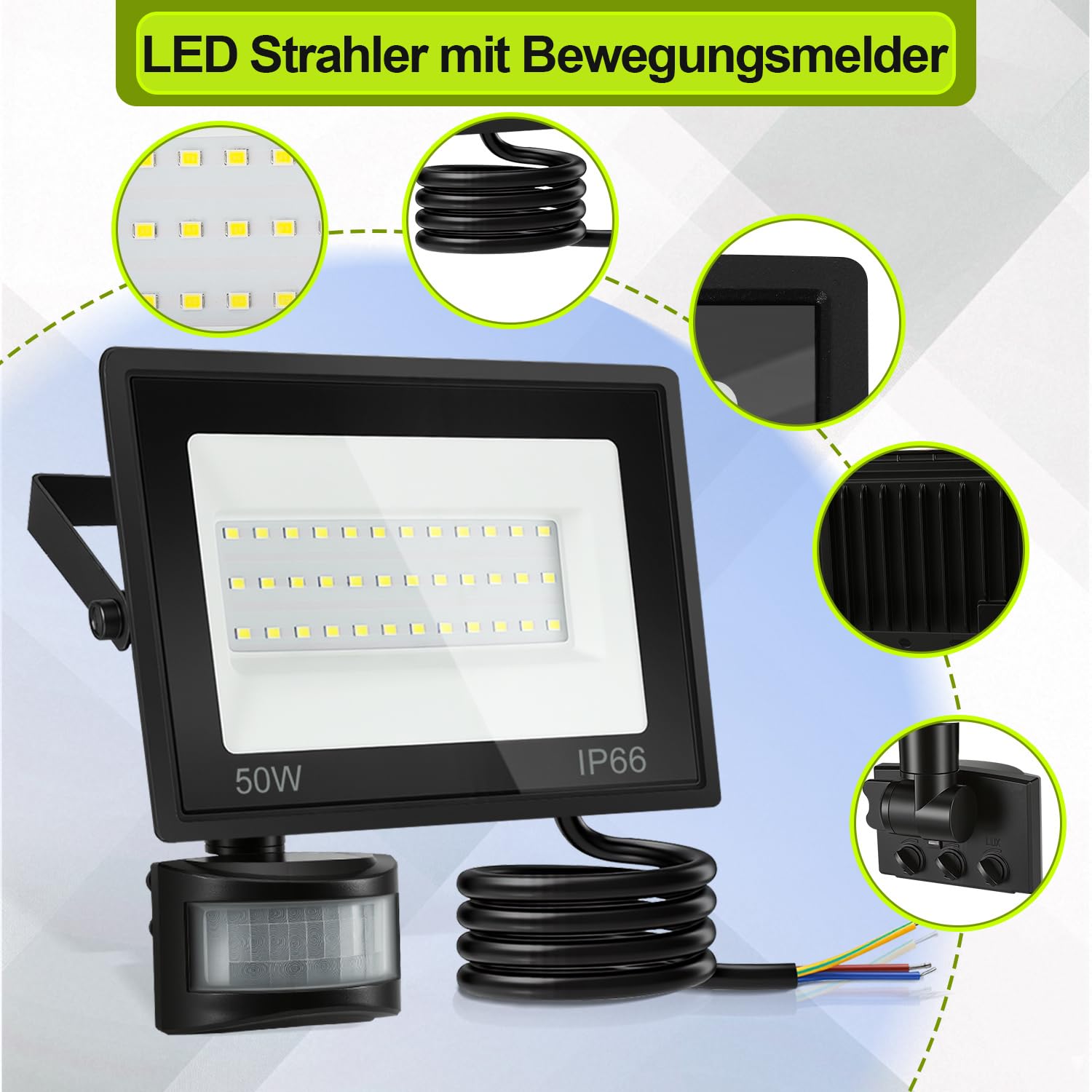 LED Strahler mit Bewegungsmelder, 50W 4000LM, 4er Set