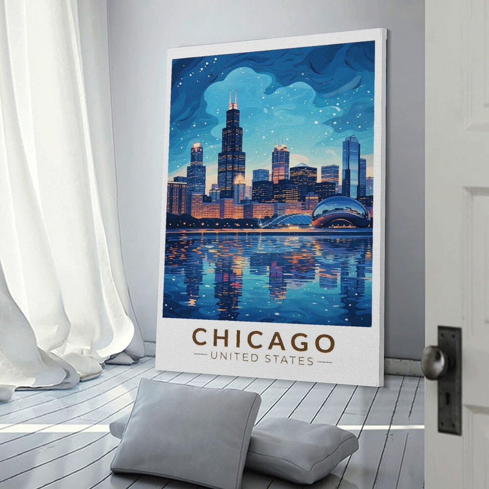 Junmoney Chicago Skyline at Night Canvas Wall Art, 20x30inch(50x75cm), for Wall Displays, Bedrooms Or Room Updates, Ideal for Building A Coordinated Art Wall