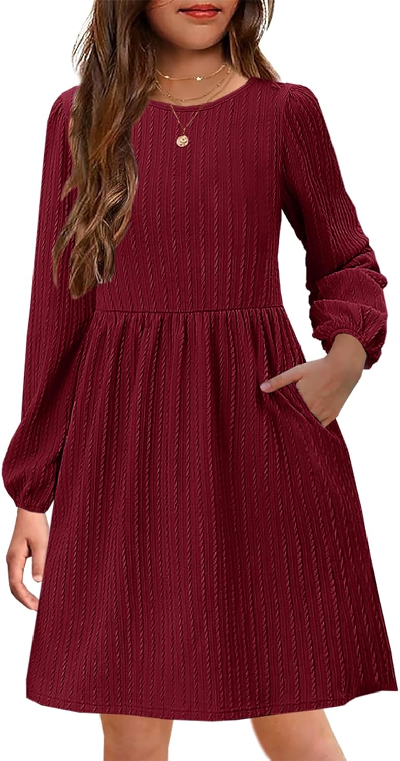 YOVION Girls Knit Dress Crew Neck Long Sleeve Plain A-Line Fall Casual Dresses with Pockets for 6-12 Y