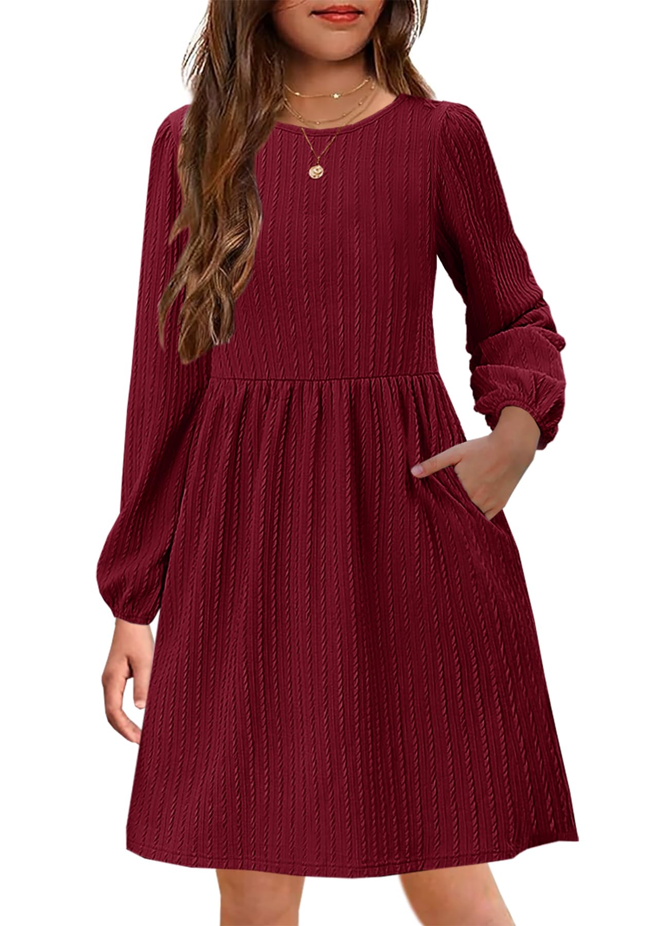 YOVION Mädchen-Strickkleid, Rundhalsausschnitt, lange Ärmel, einfarbig, A-Linie, Herbstkleid, Freizeitkleider mit Taschen, für 6–12 Jahre