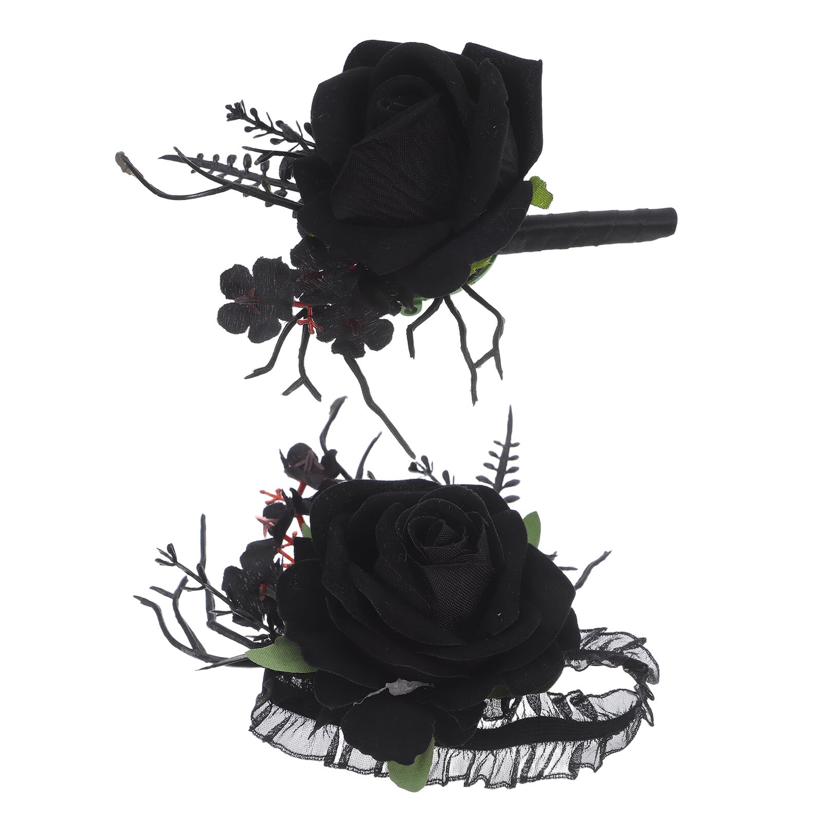Boutonnière noire et bracelet de mariage gothique en soie pour une cérémonie chic en extérieur