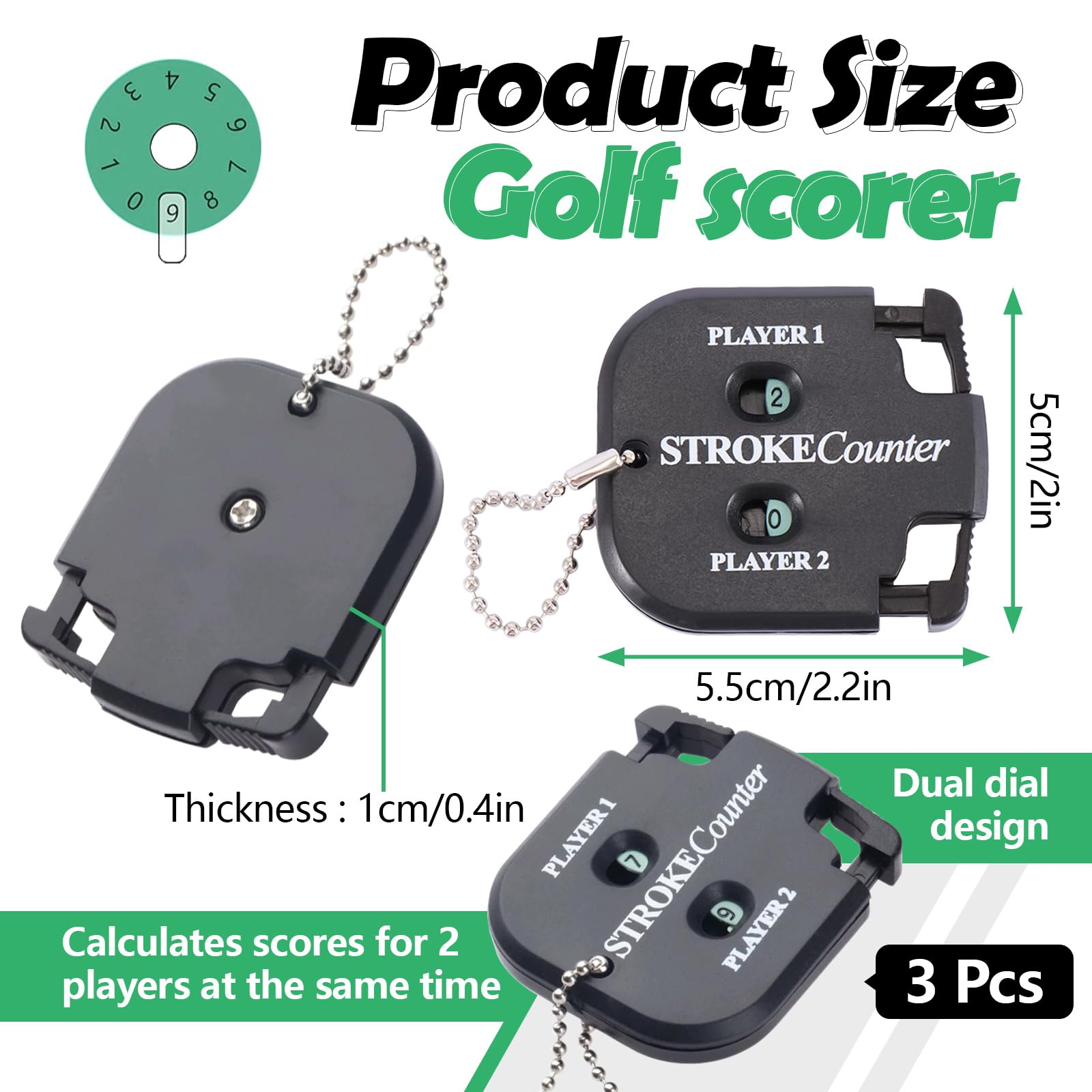 3 Pack Portable Golf Stroke Counter with Key Chain, 2 Player Shot Score Clicker Counter Handheld Small Digital Tally Counter for Golf Game Scoring Keeper Pitch Men Women (3Pcs Black)