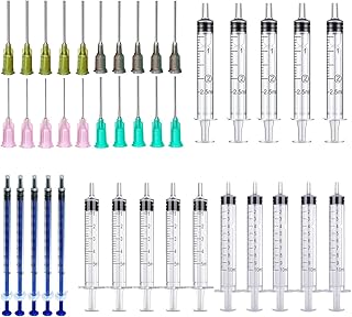 20 Pack 1ml, 2.5ml, 5ml,10ml, Syringes with 14ga, 16ga,18ga, 20ga Blunt Tip Needles and Caps for Refilling and Measuring Liquids, Oil or Glue Applicator