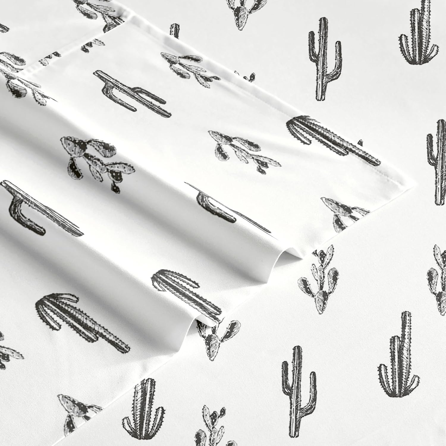 Wake In Cloud - Western Bed Sheets, 4-Piece Sheet Set, Southwestern Cactus Botanical Desert Plant Vintage Pattern Printed Bedding, Deep Pocket, Charcoal White, King Size