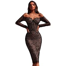 Elegant Dresses for Women Lace Off Shoulder Long Sleeve Bandage Cocktail Party Back Slit Bodycon Wedding Guest Dresses