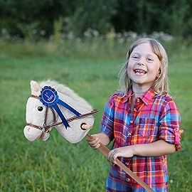 HollyHOME Stick Horse Plush with Detachable Blue Ribbon Champion Hobby Horse on Stick with Wood Wheels Real Pony Neighing and Galloping Sounds for Kids Toddlers White 36 Inches(AA Batteries Required)
