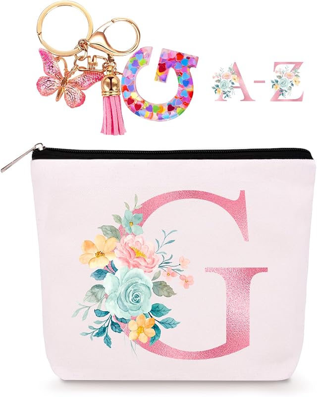 Necessaire de maquiagem Lingdeer com inicial G e chaveiro de resina, BP-26MB-WH