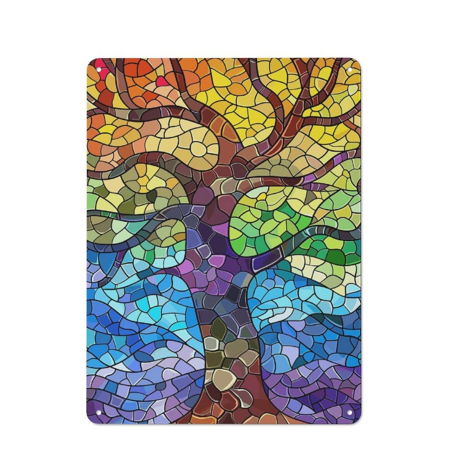 Junmoney Style-3 Rustic Tin Sign 40X30cm Featuring Stained Glass Tree Of Life For Living Room Wall, For Room Styling Across Living Rooms And Feature Walls