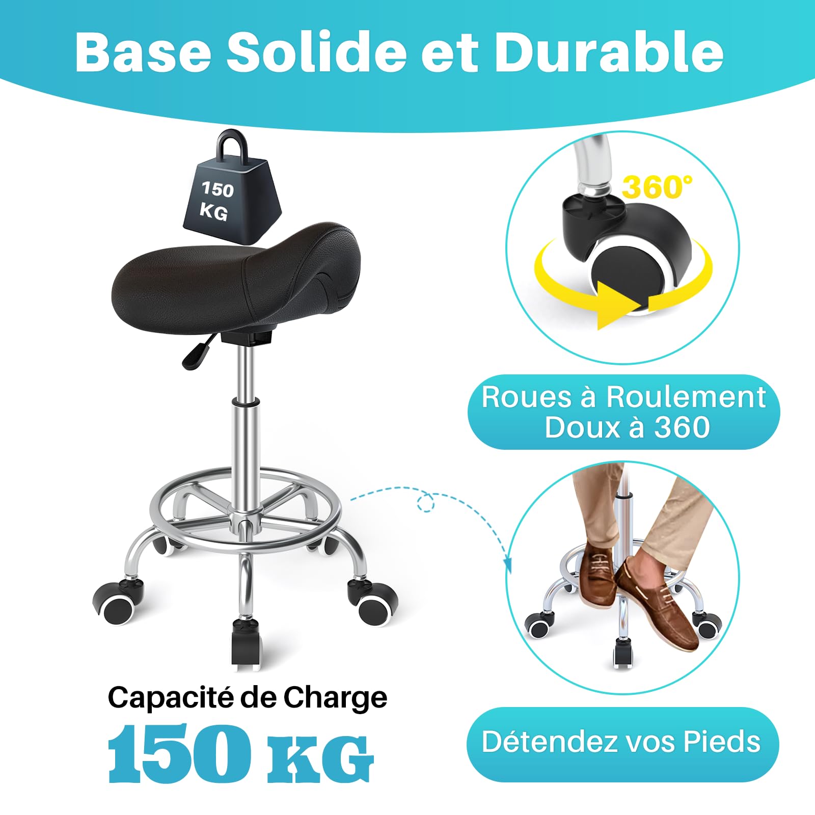 Tabouret de selle de cheval anti-mal de dos, tabouret ergonomique avec roues, tabouret esthétique réglable en hauteur de 46 à 59 cm, tabouret avec roues rembourrées pour dentiste (noir)