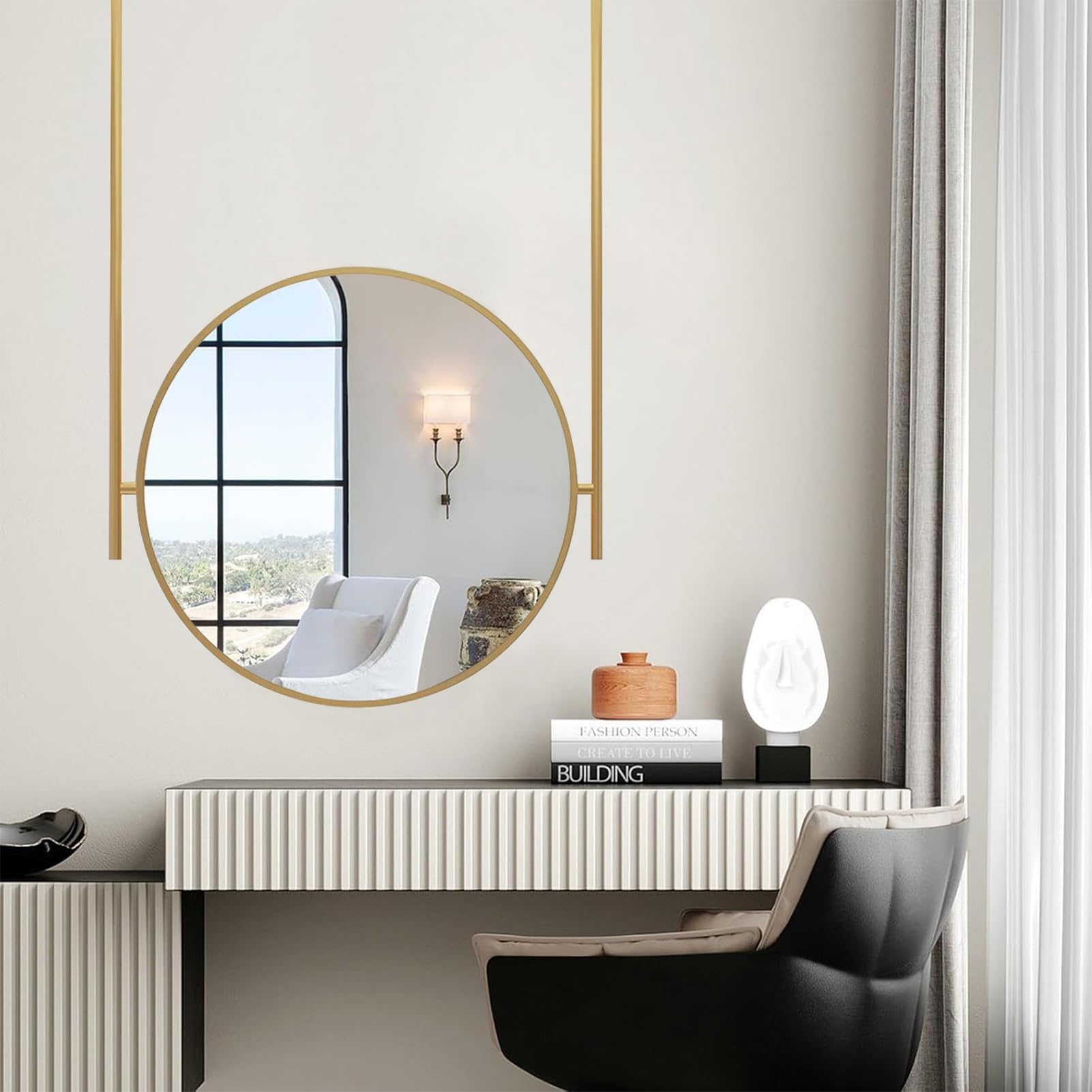 WJFTODAY Gold Round Hanging Mirror - 23.6" Stylish Floating Vanity Mirror for Bathroom, Bedroom, Living Room & Entrance - Elegant Metal Frame Wall Decor for Makeup & Shaving