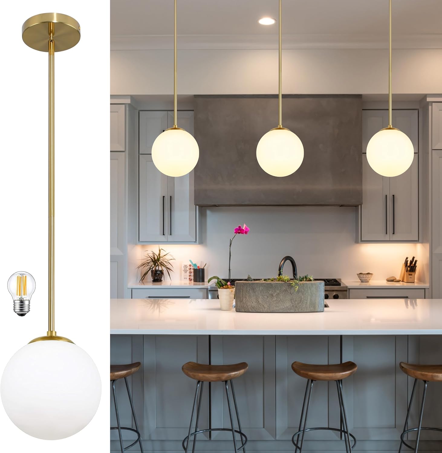 6" Globe Pendant Light Gold Mid Century Pendant Light Globe Pendant Lights Kitchen Island Brushed Brass Finished with Milk Glass Lampshade Adjustable Ceiling Light Fixtures for Kitchen
