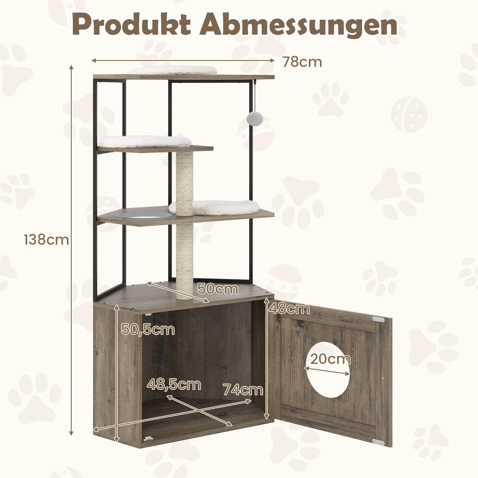 GOPLUS Katzenhaus mit Katzenklo-Schrank, Eck-Kratzbaum für Katzen, Katzenschrank mit 2 Sisal-Kratzpfosten, 3 weichen Kissen, hängendem Ball & Höhle, Indoor Kletterbaum Holz, Katzenkratzbaum