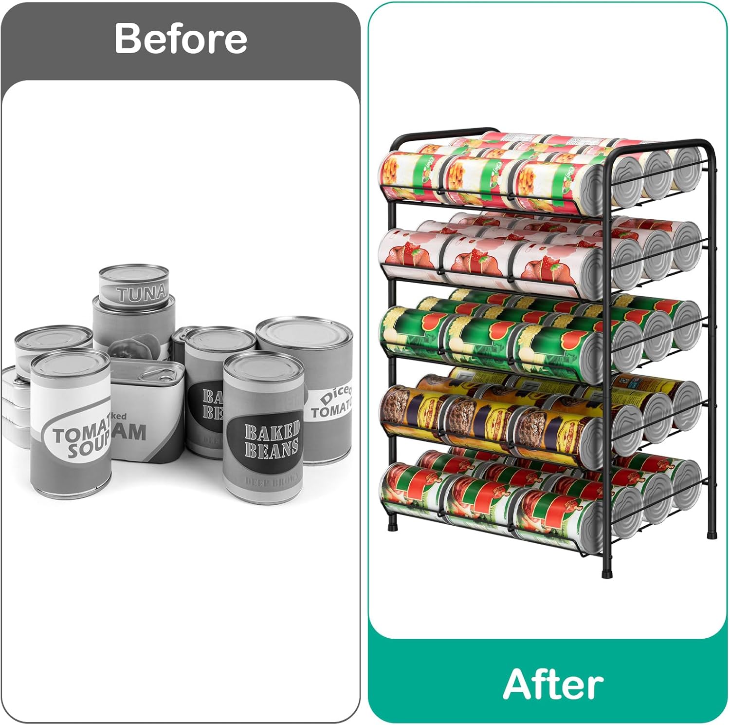 smusei 5 Tier Can Organizer for Pantry Shelf Large Capacity Drink Organizer Holds 60 Cans of Soda Can Dispenser with Adjustable Metal Diverter Strip for Kitchen Cabinet Cupboard, Black