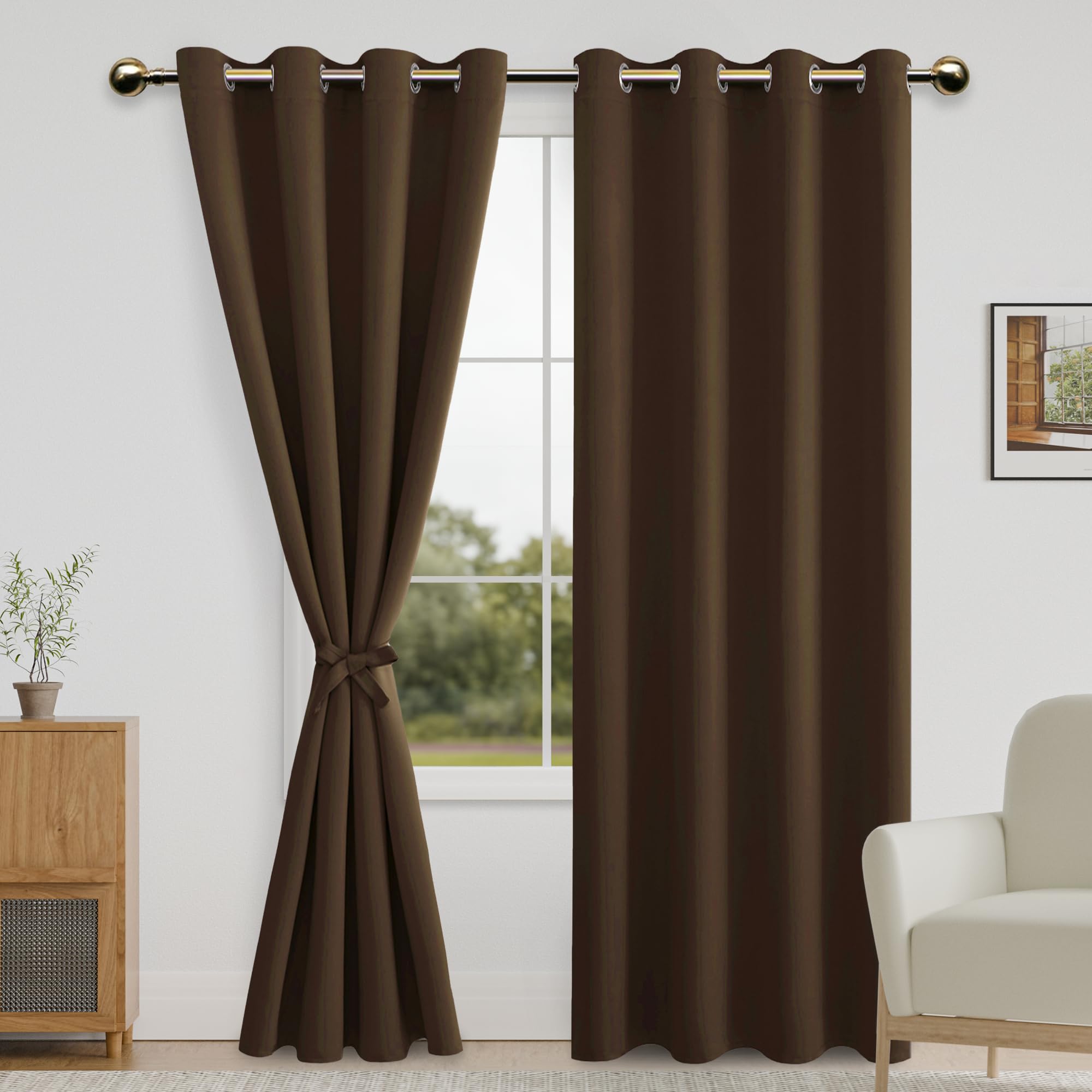 DWCN Blackout Curtains for Bedroom with Tiebacks - Room Darkening Privacy Grommet Top Window Curtains for Living Room, 52 x 84 inch Length, Brown, Set of 2 Panels
