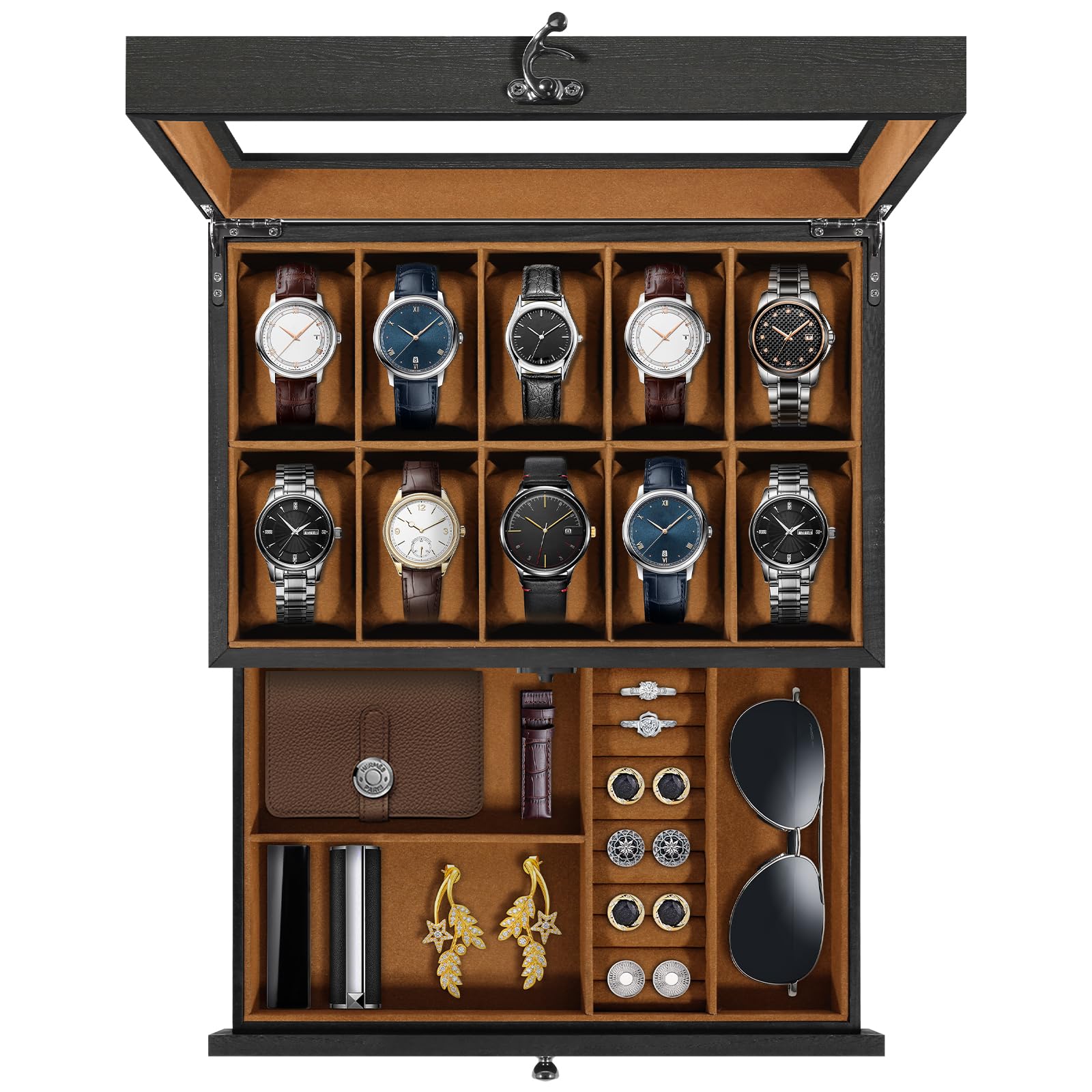 Uten Watch Box 10 Slots, 2-Tier Solid Wood Watch Case with Glass Lid, Metal Clasp, Watch Display Box for Men and Women, Removable Silk Cotton Pillow, Brown Lining, Jewelry Storage Box, Gift Idea