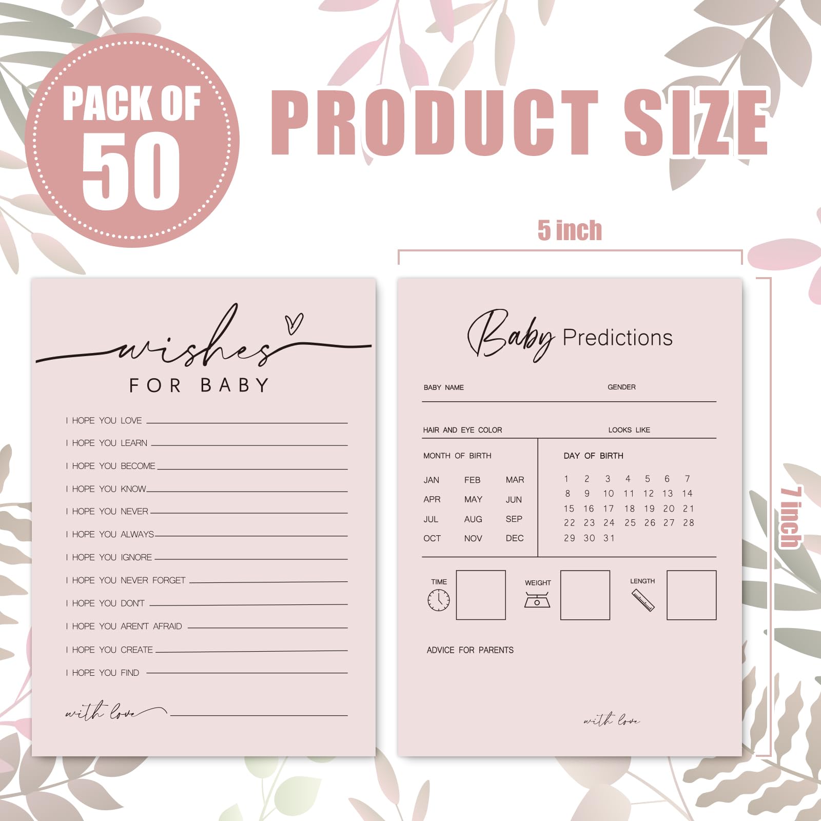 Whaline 50 Sheets Blush Pink Baby Shower Predictions & Advice Cards Party Game Activity Cards New Parent Message Advice Book for Gender Reveal Wishes for Baby, Advice for New Parents to Be