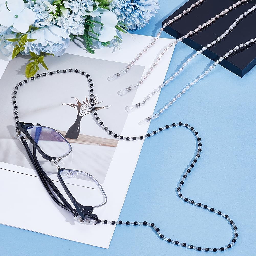 3Pcs 3 Colors Black White Beaded Eye Glasses Chain Plastic pearl Bead Eyeglass Strap Holders Chains Around Neck Cord Bulk for Women Lady Eye Glasses Lanyard Sunglasses Straps Accessories