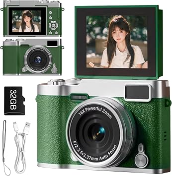 180 Degree Rotating Display / Front and Rear Camera: Digital Camera, Selfie, Toy Camera, Digital Camera, Retro, Kids Camera, Retro Camera, 48 Million Image Quality, 1080P Video Recording, 32GB Card Included, Music Playback, School Trip, Kids, Mini Camera, Compact Camera, Video Camera Green