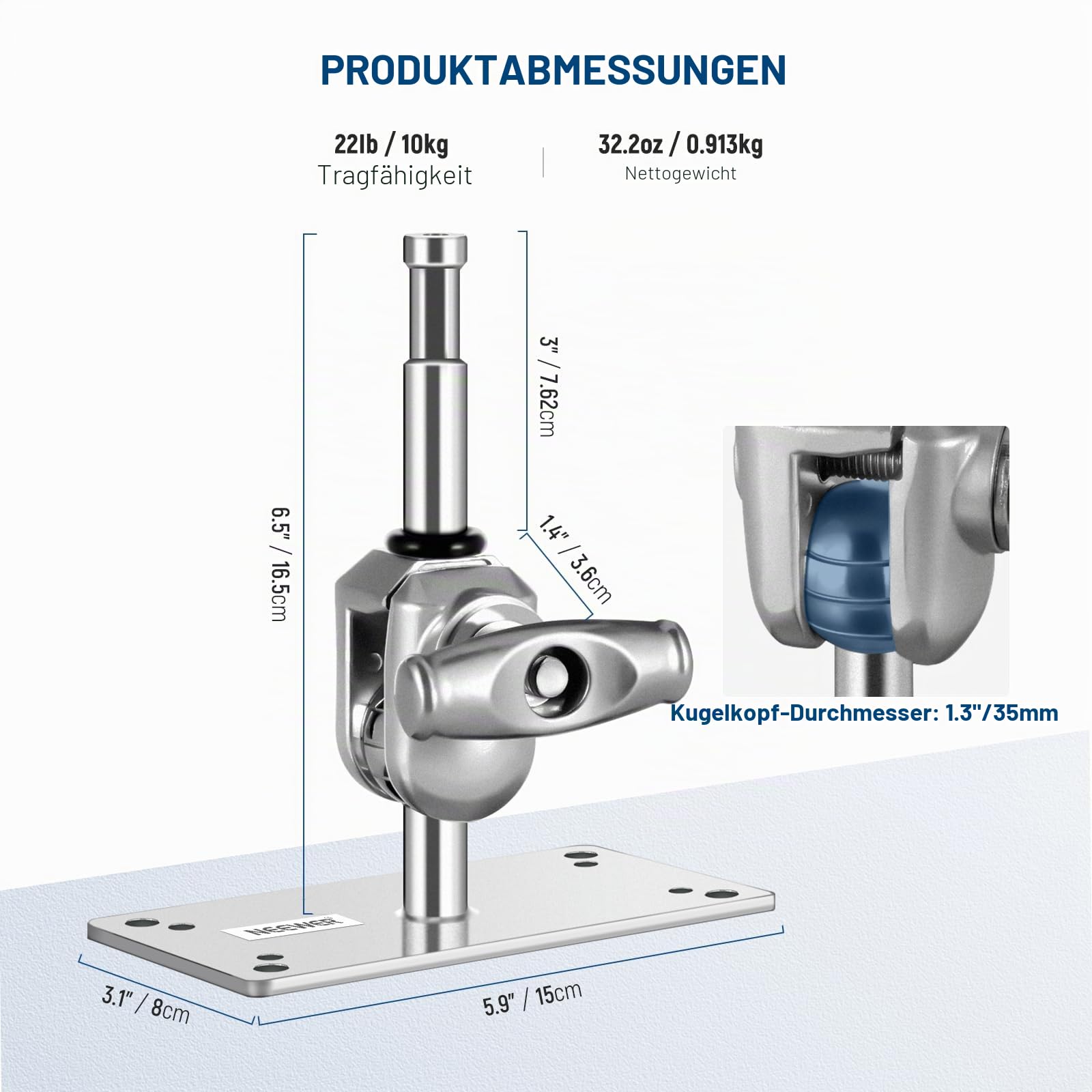 NEEWER 6,5" Wand Deckenhalterung Baby Stecker 5/8" Bolzen, 360° drehbarem Kugelkopf, 10 Schrauben, Fotostudio Wandhalterung für Ringlicht, Videolicht, Stroboskopblitz, maxBelastung 10kg, ST-WM2
