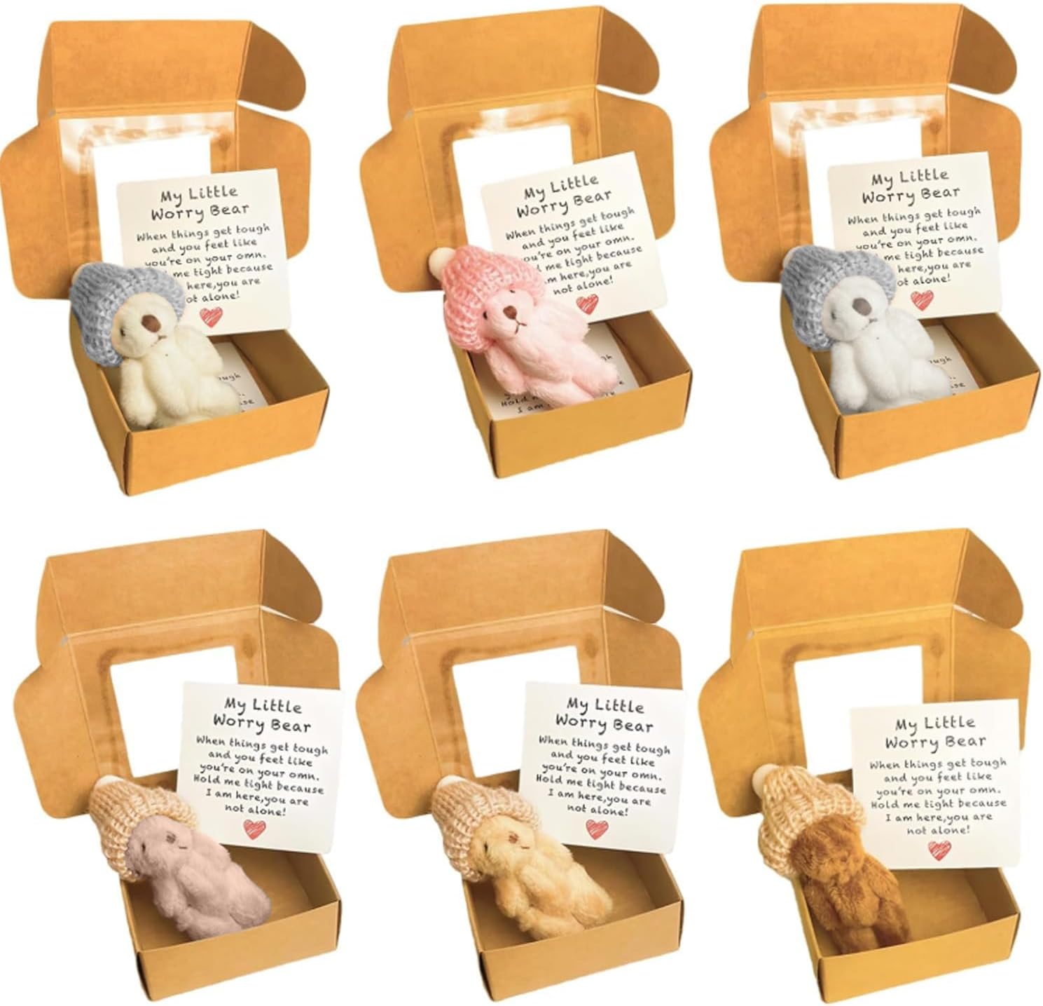 6 PCS Worry Bear, Mini Plush Bears Set Handmade Mini Pocket Bear in a Box with Inspirational Card Plush Teddy Bears Emotional Support Positive Gifts for Friends Family Teens